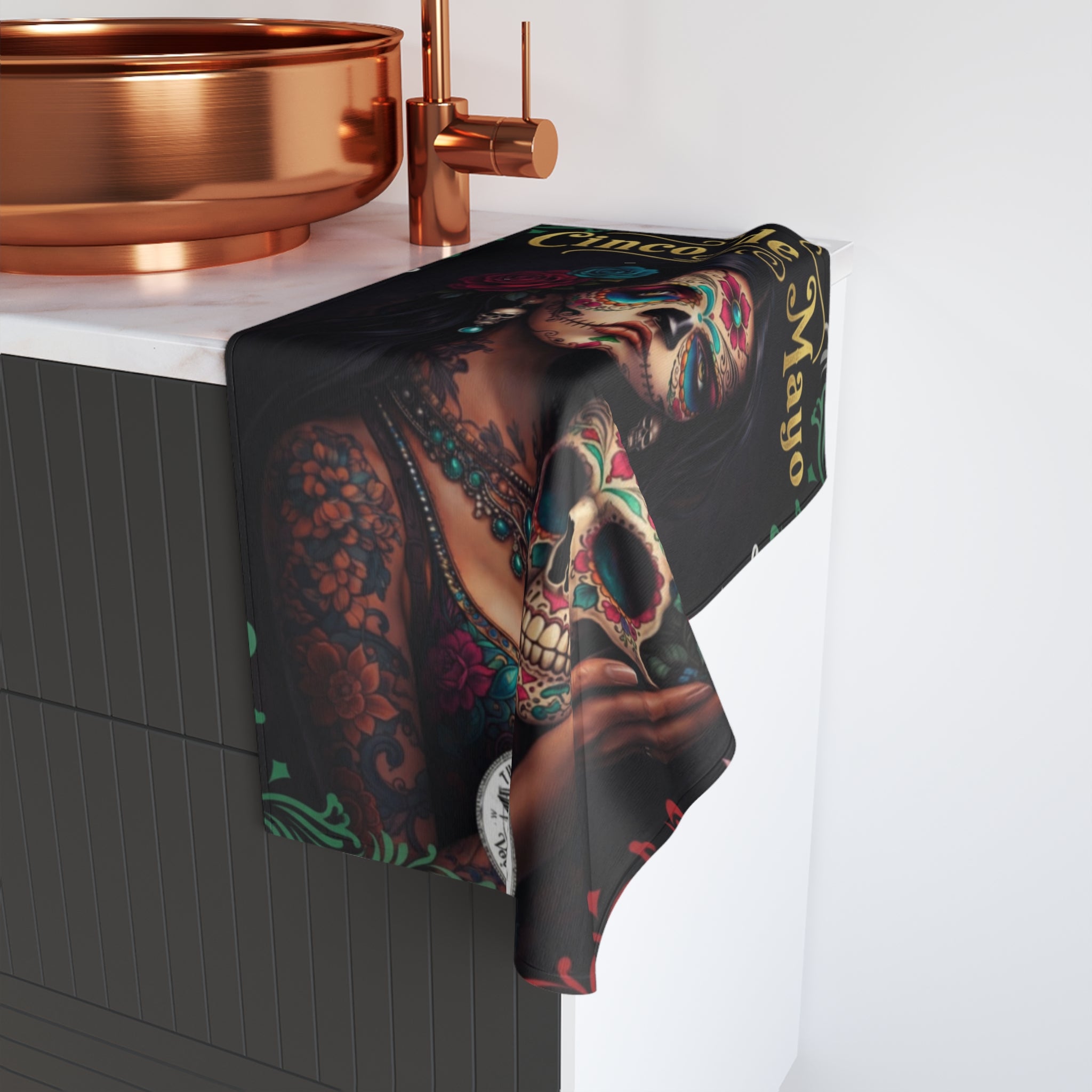 Cinco de Mayo Sugar Skull Hand Towel — Day of the Dead Decorative Kitchen Towel