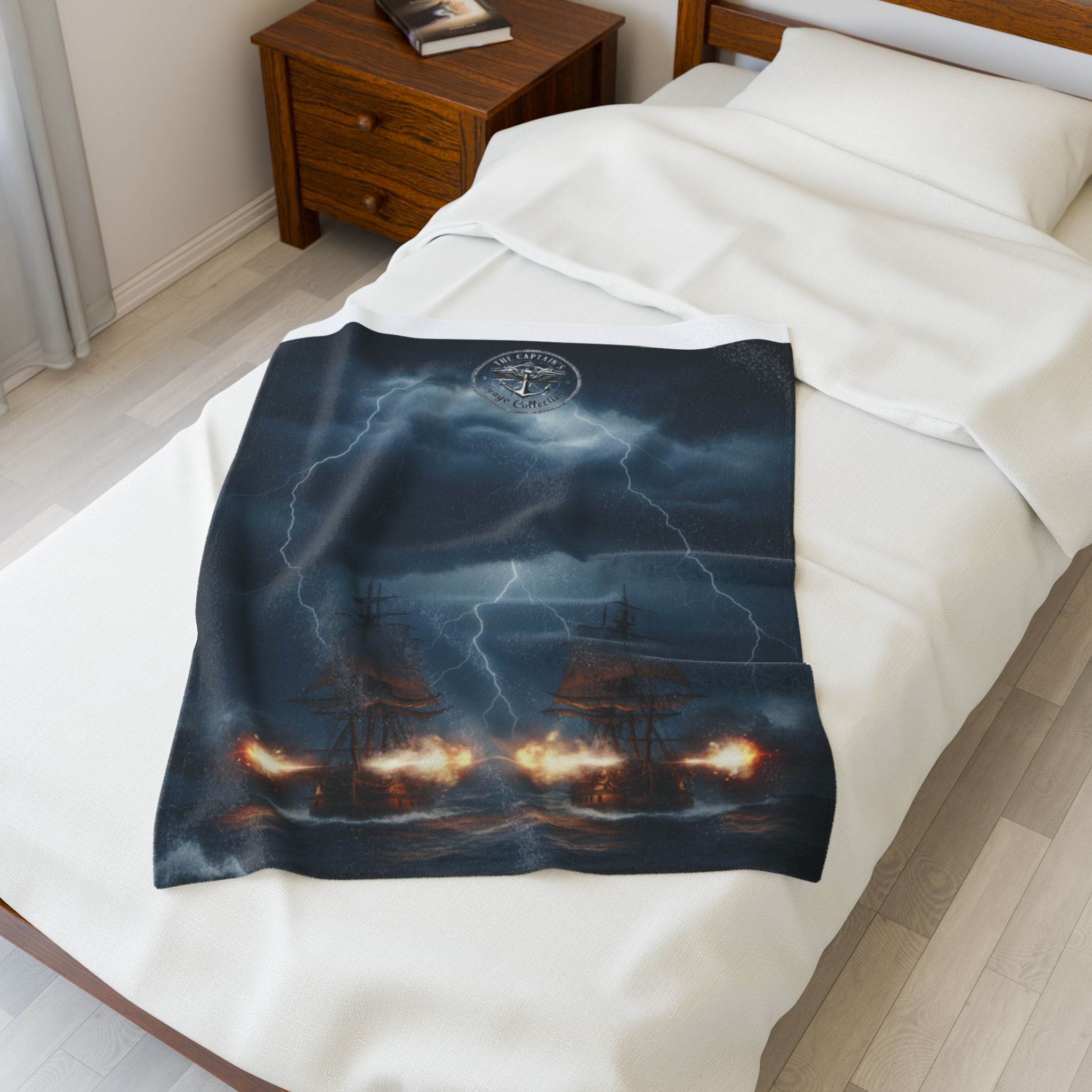 Naval Battle Velveteen Plush Blanket – Stormy Ship Warfare Design