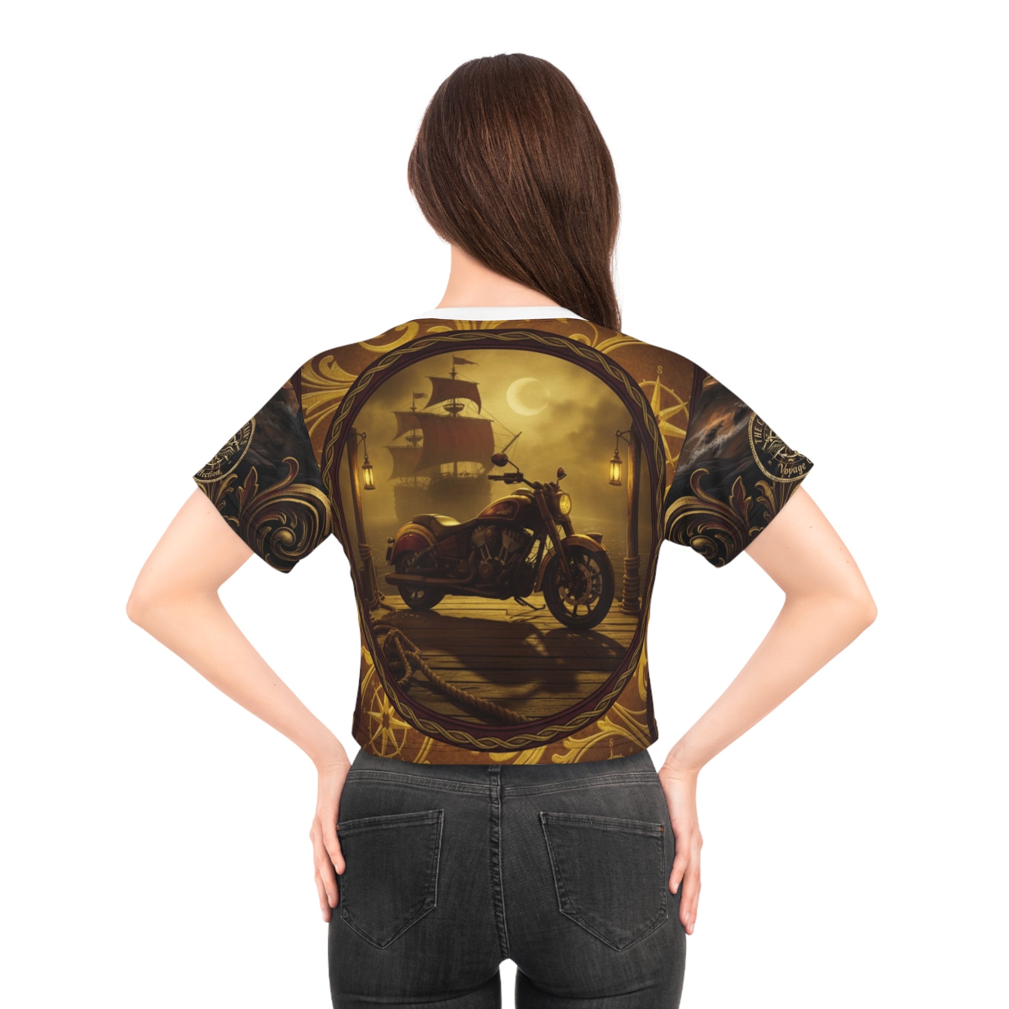 Motorcycle Pirate Ship Crop Tee — Vintage Biker Nautical Graphic Top