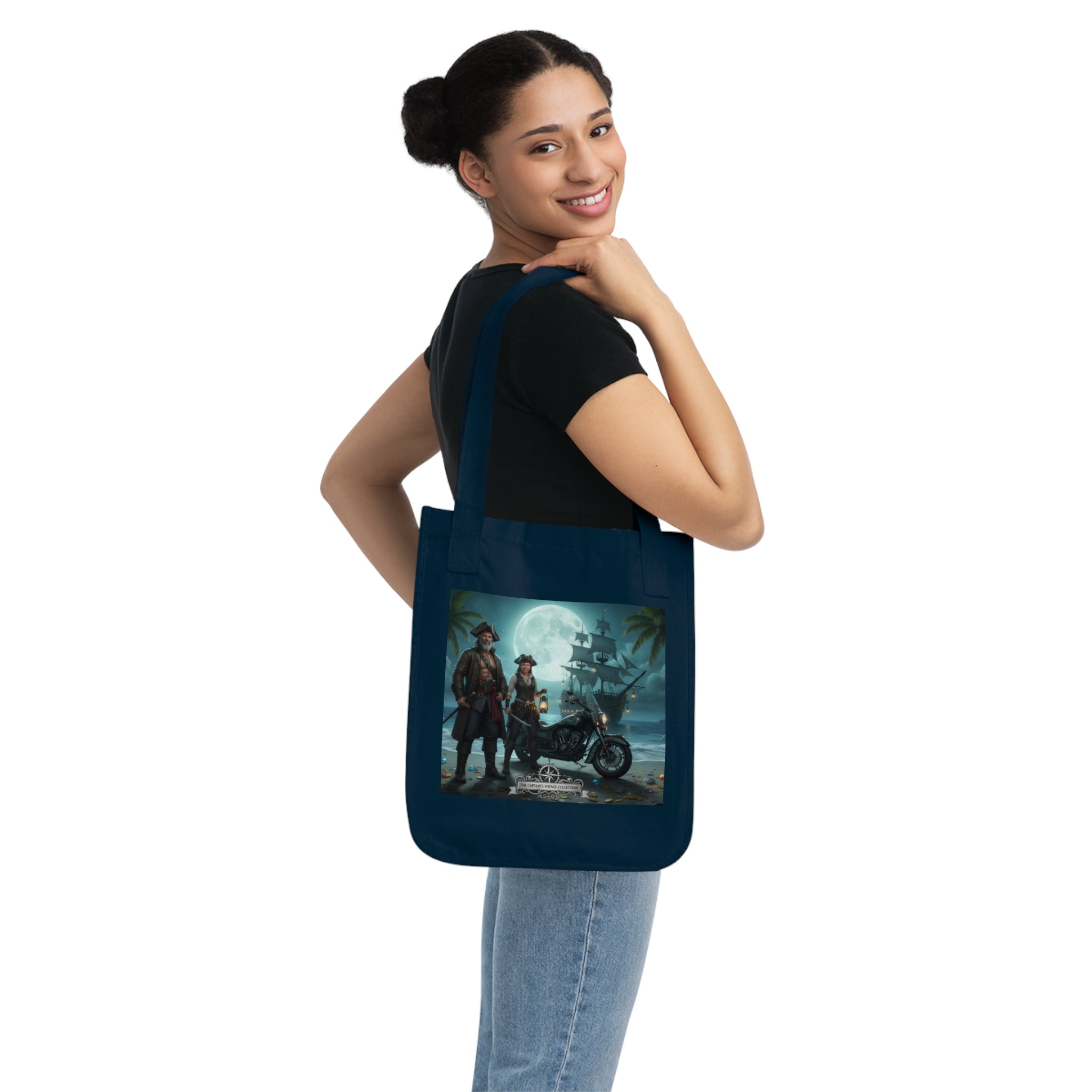 Pirate Night Motorcycle Tote — Moonlit Ship & Buccaneers Organic Canvas Bag