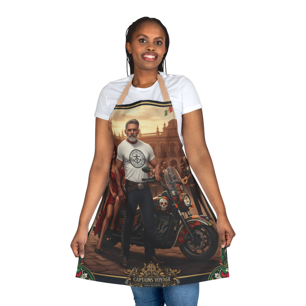 Captain’s Voyage Biker Apron — Vintage Motorcycle Chef Apron with Rider & Pin-Up Design