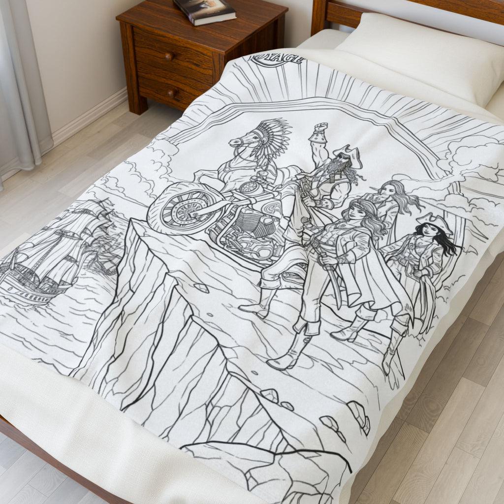 Pirate Crew Adventure Velveteen Plush Blanket — Illustrated Biker-Pirate Scene