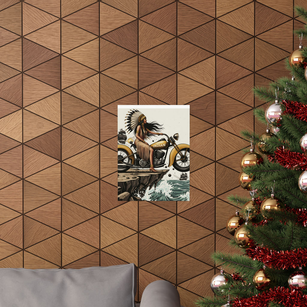 Vintage Indian Motorcycle Poster — Native Rider Matte Vertical Art Print