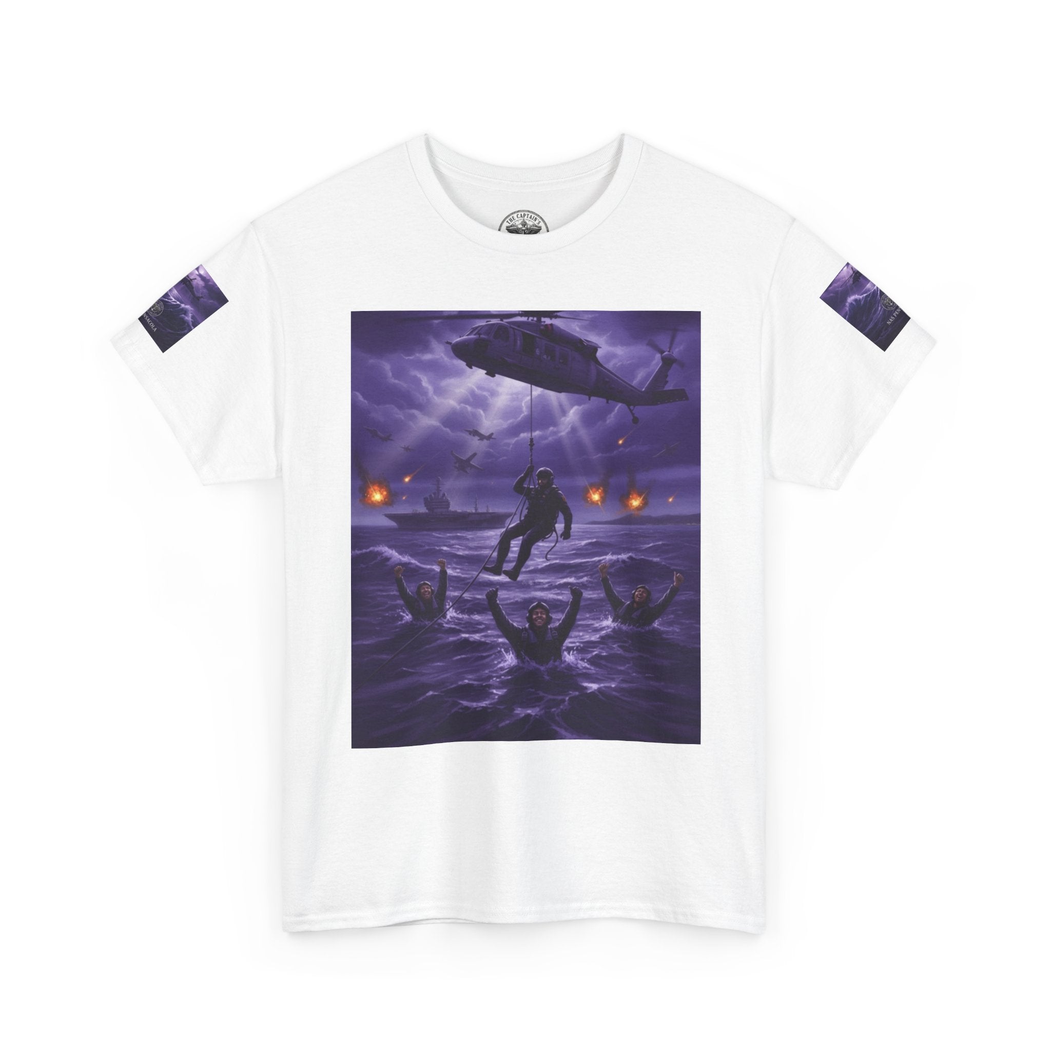 Rescue Night Tee — Purple Helicopter Sea Rescue Graphic T-Shirt