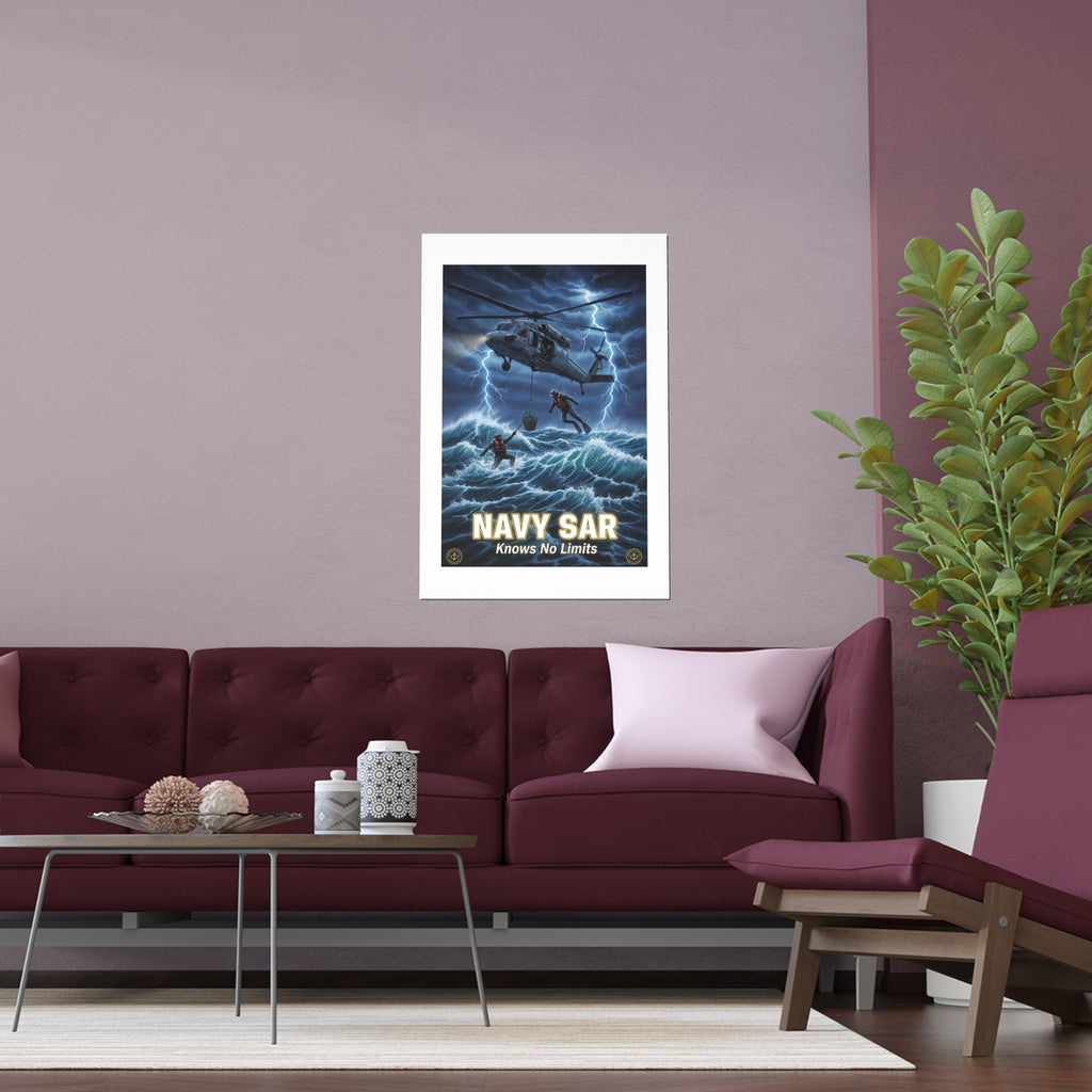 Navy SAR Silk Poster — "Knows No Limits" Rescue Helicopter Art (Indoor/Outdoor)
