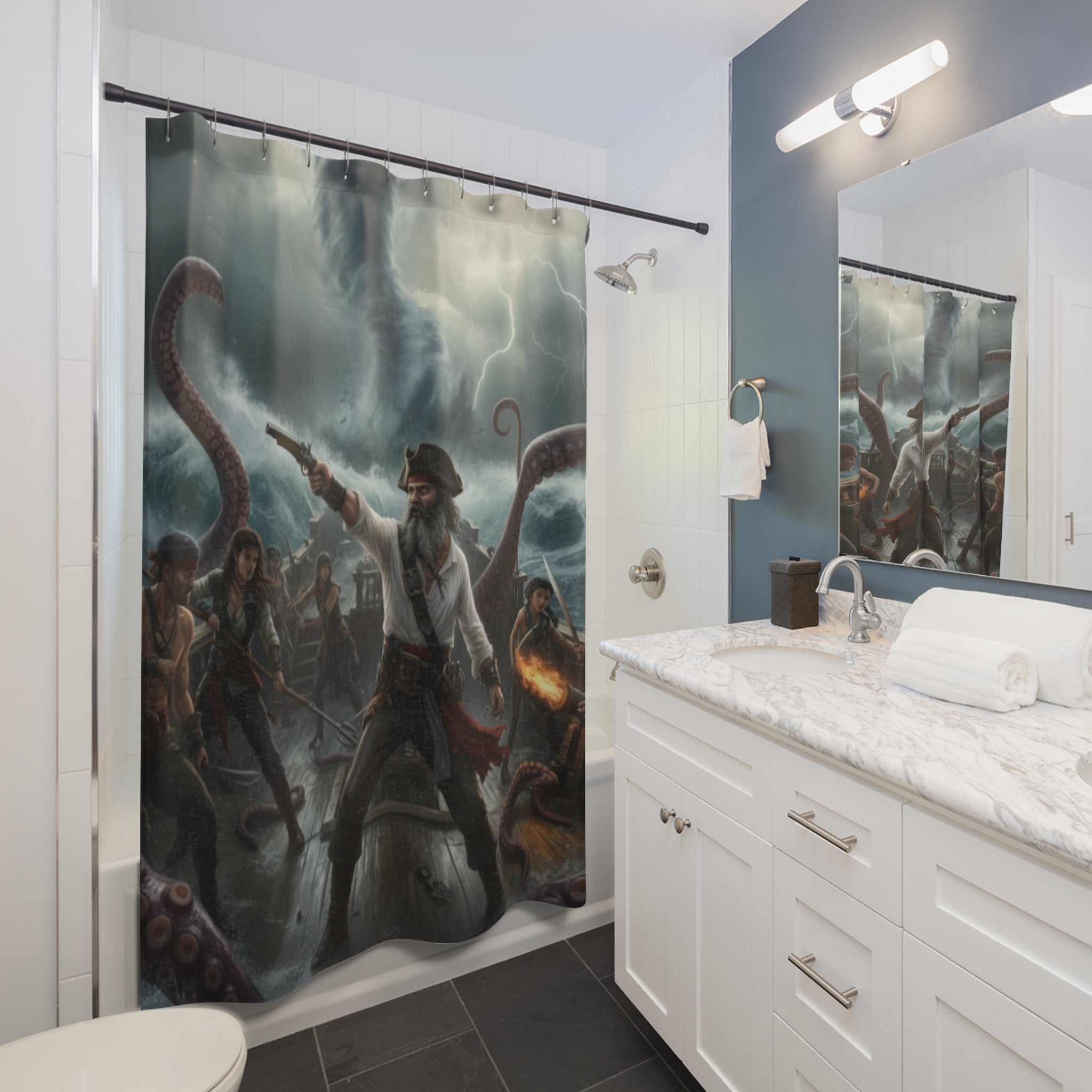 Pirate Kraken Battle Shower Curtain — Nautical Storm Bathroom Decor