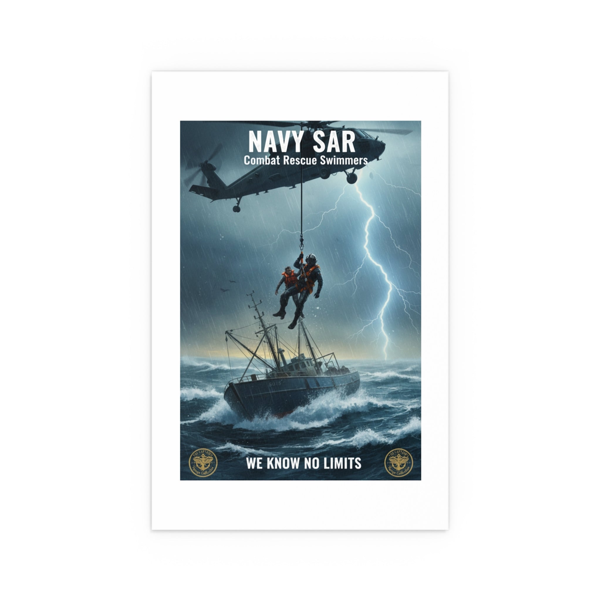 Rescue at Sea Silk Poster — Storm Helicopter Lifesaver Wall Art (Indoor/Outdoor)