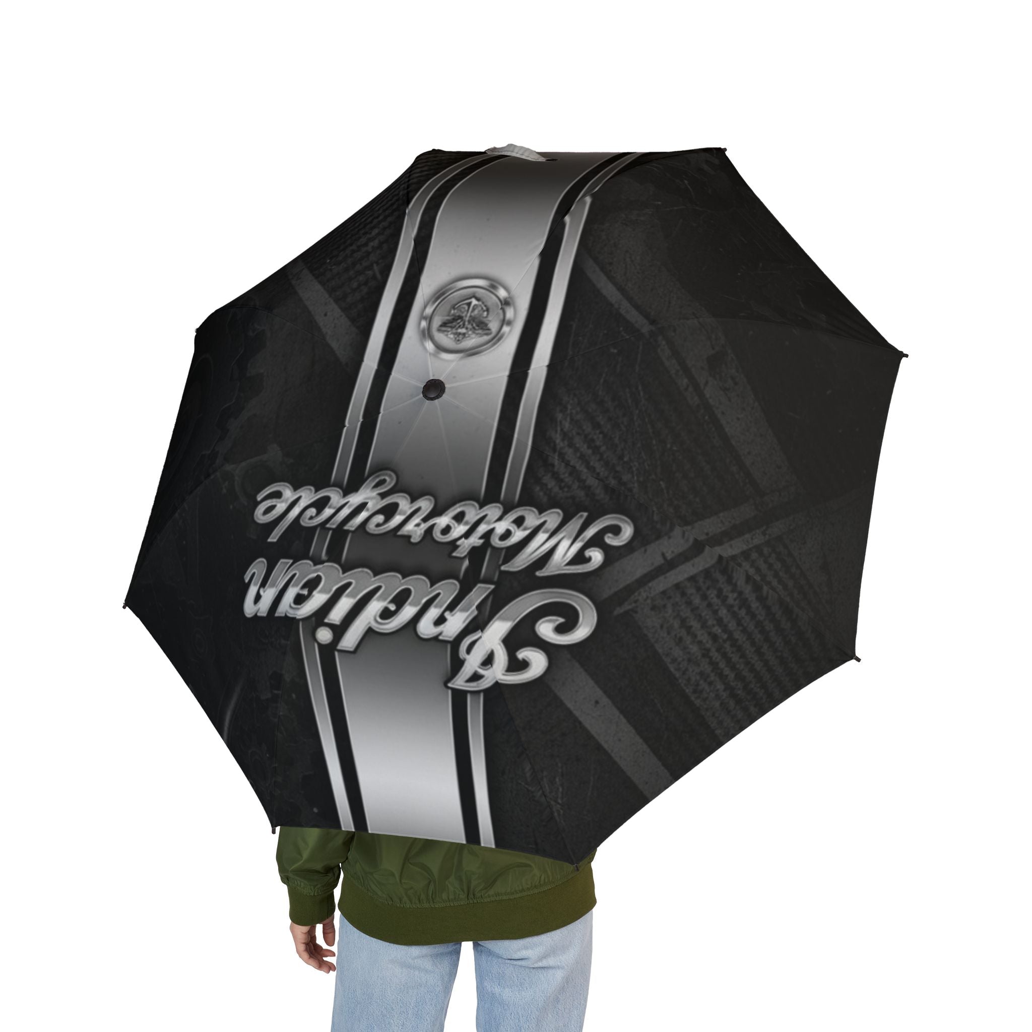 Foldable Umbrella — Classic Black Racing Stripe with Script Accent