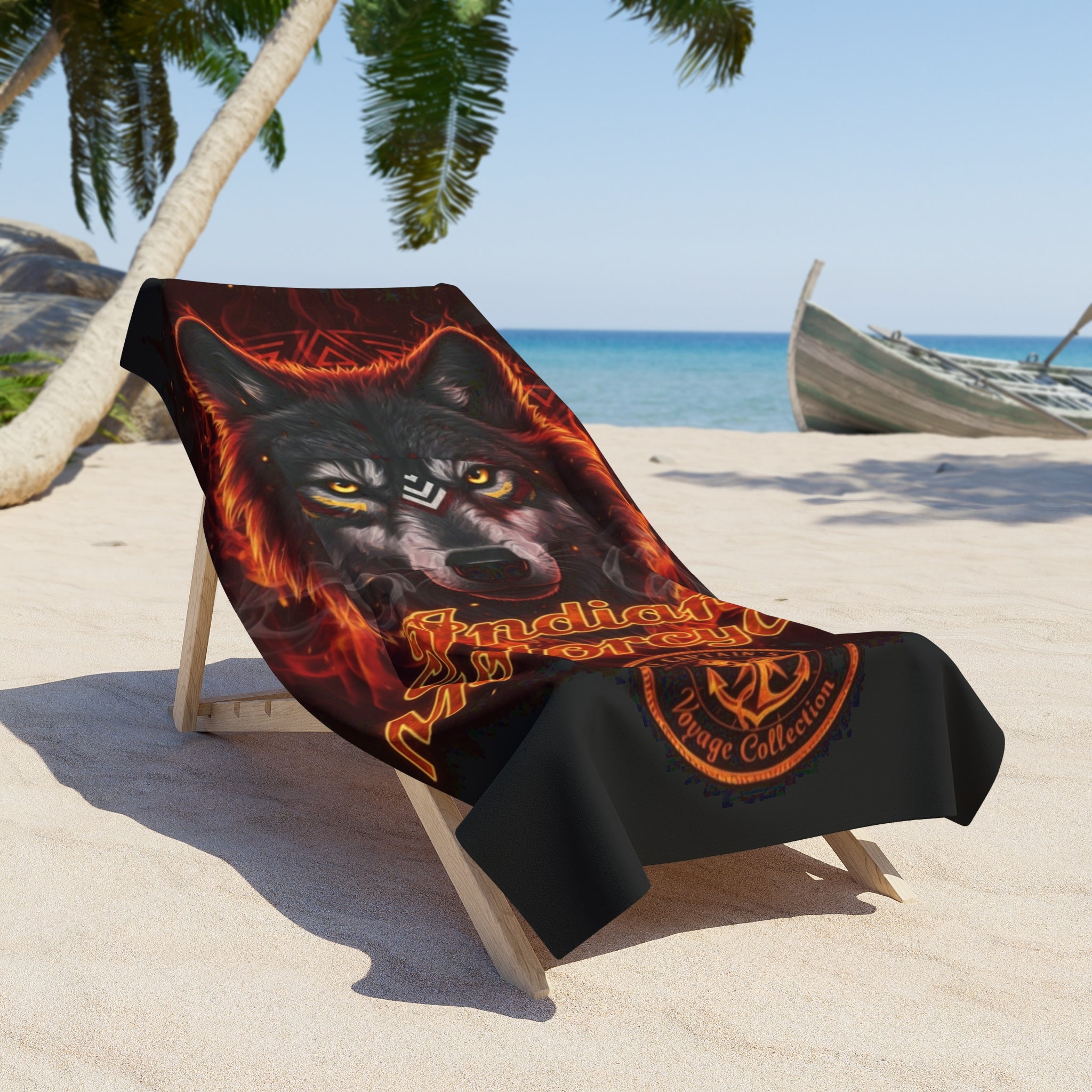 Indian Motorcycle Wolf Beach Towel — Flaming Wolf Graphic Beach Towel for Riders & Bikers