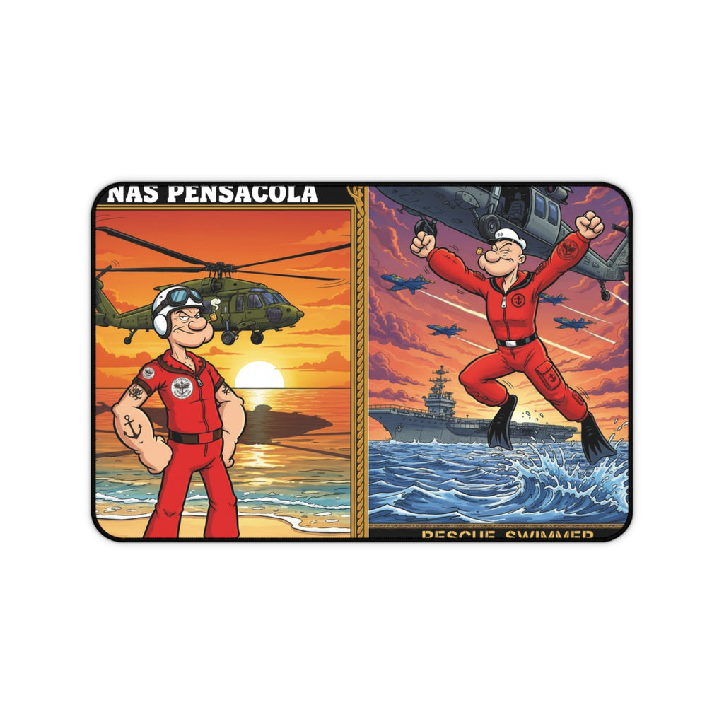 NAS Pensacola Rescue Swimmers Desk Mat — Vintage Helicopter & Carrier Artwork