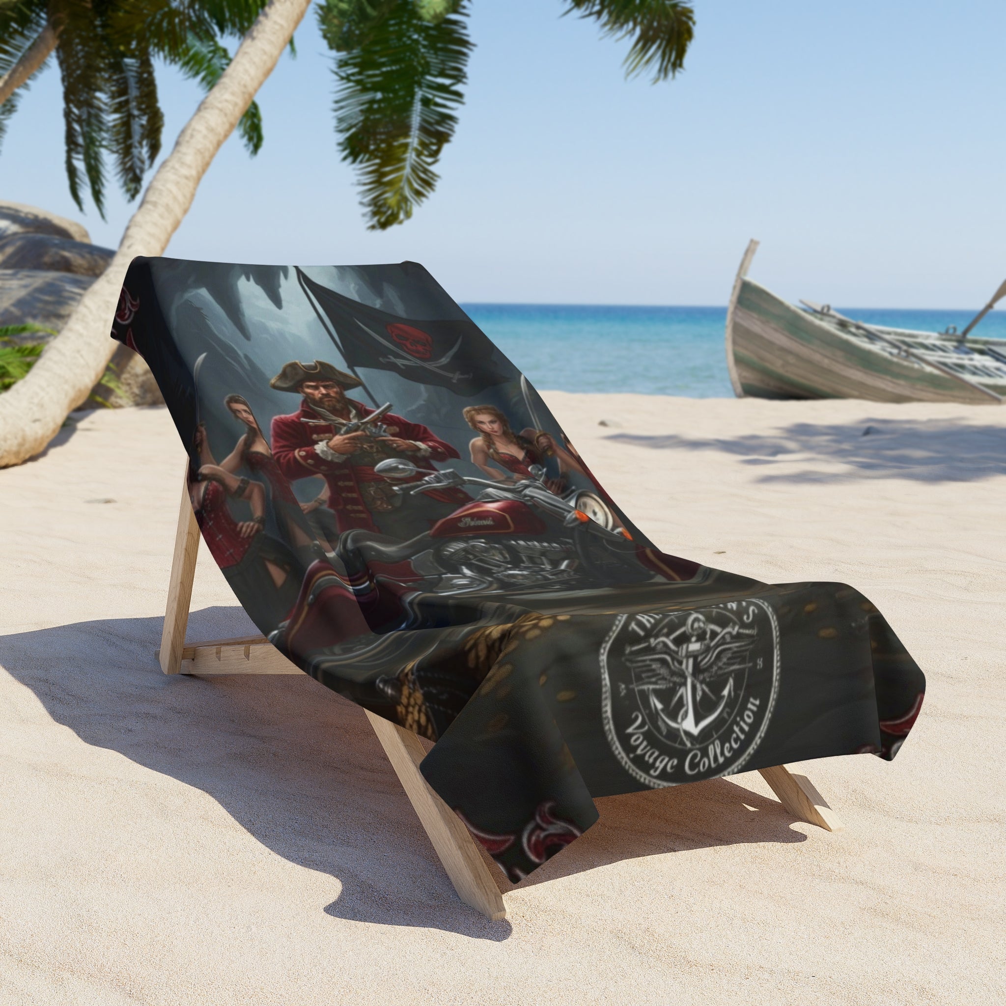 Pirate Biker Beach Towel — Skull Flag Motorcycle Crew Design