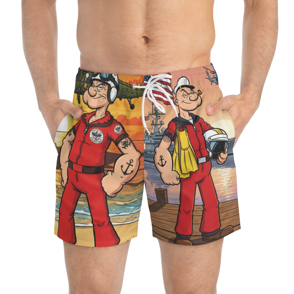 Popeye Nautical Swim Trunks — Cartoon Sailor All-Over Print Beach Shorts