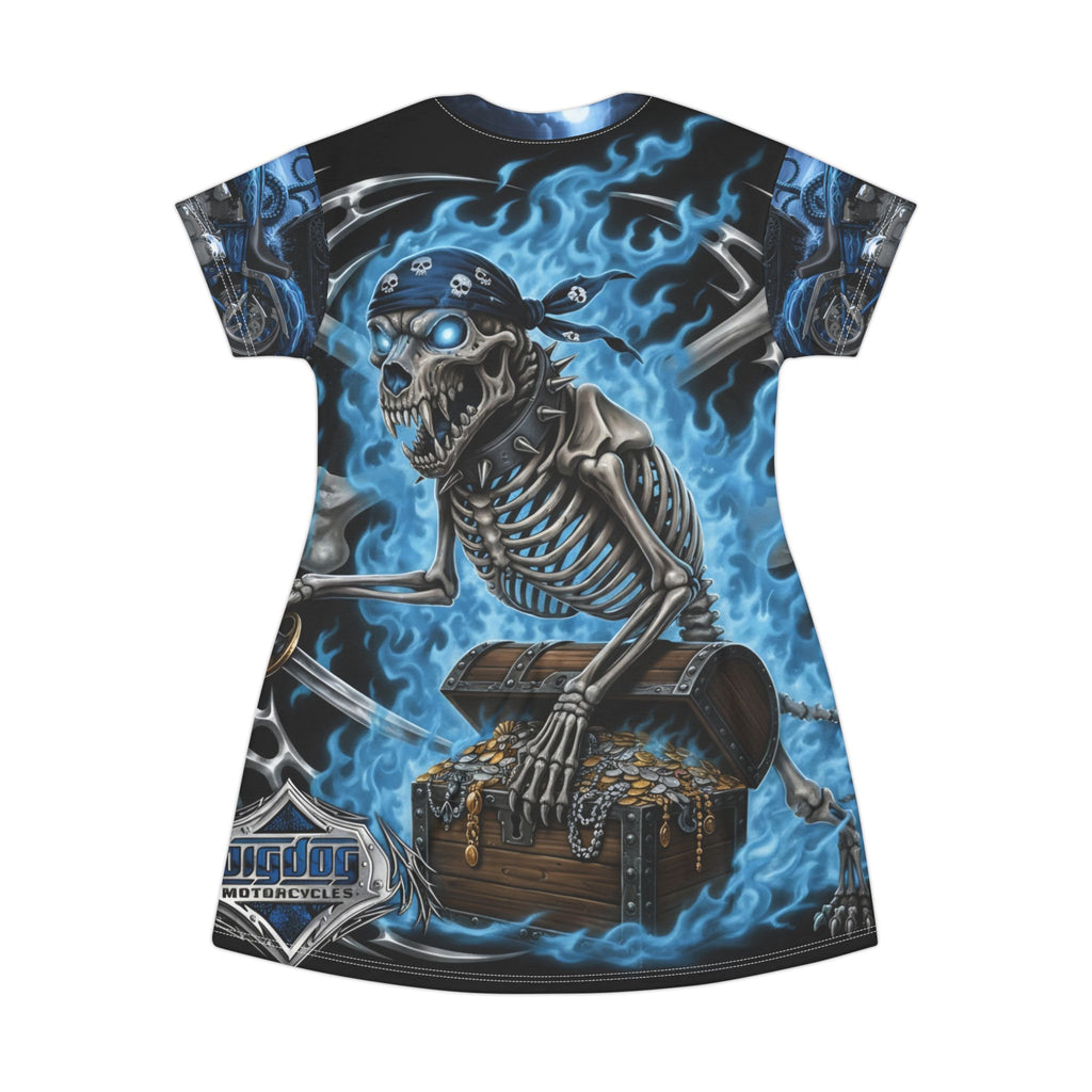 Skull Pirate T-Shirt Dress — Blue Flame Motorcycle Gothic Tee Dress