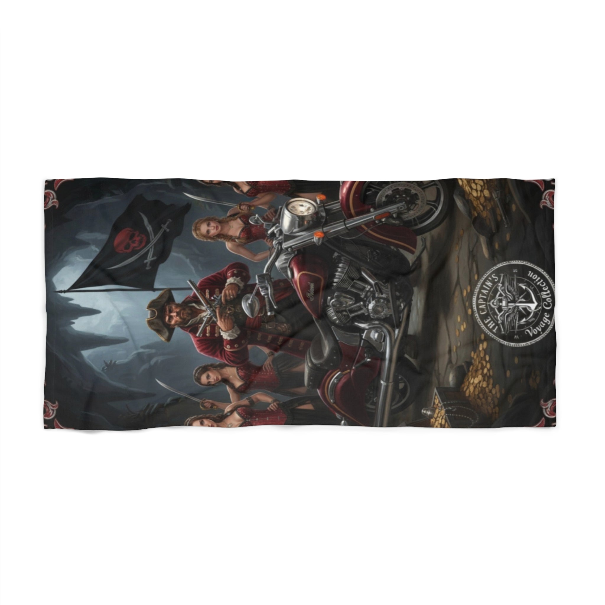 Pirate Biker Beach Towel — Skull Flag Motorcycle Crew Design