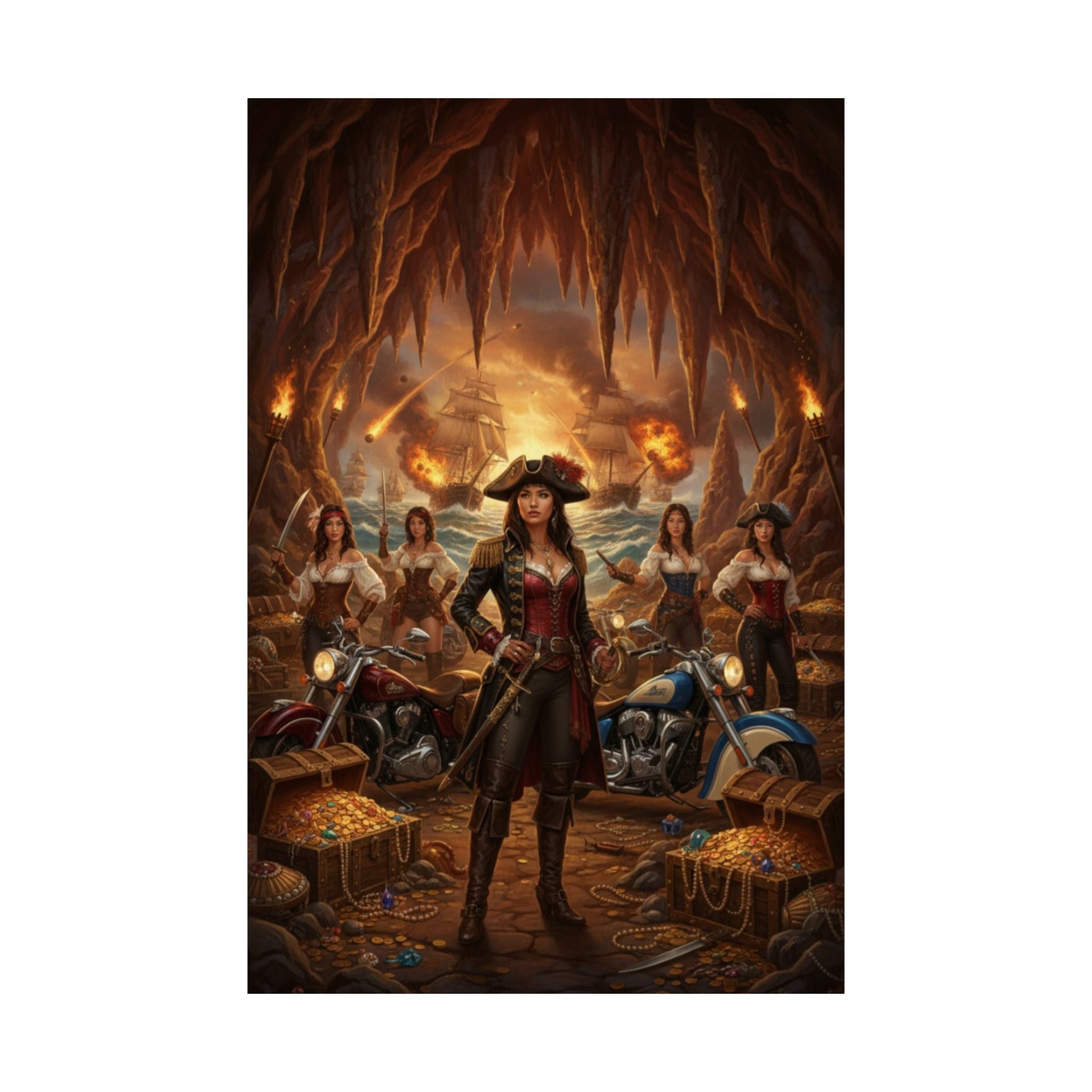 Pirate Queen Matte Poster — Fantasy Biker Treasure Cave Wall Art