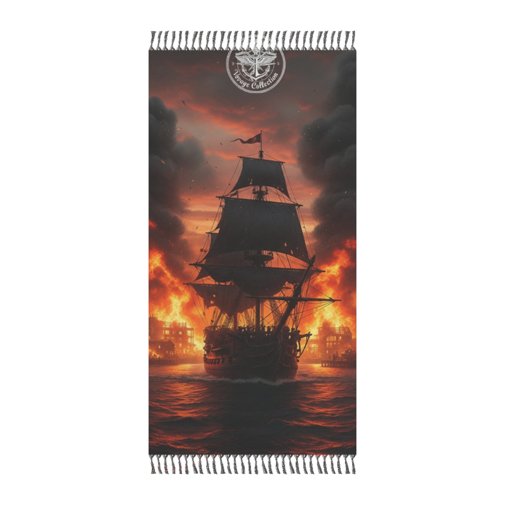 Pirate Ship Beach Towel — Flaming Sunset Shipwreck Scene