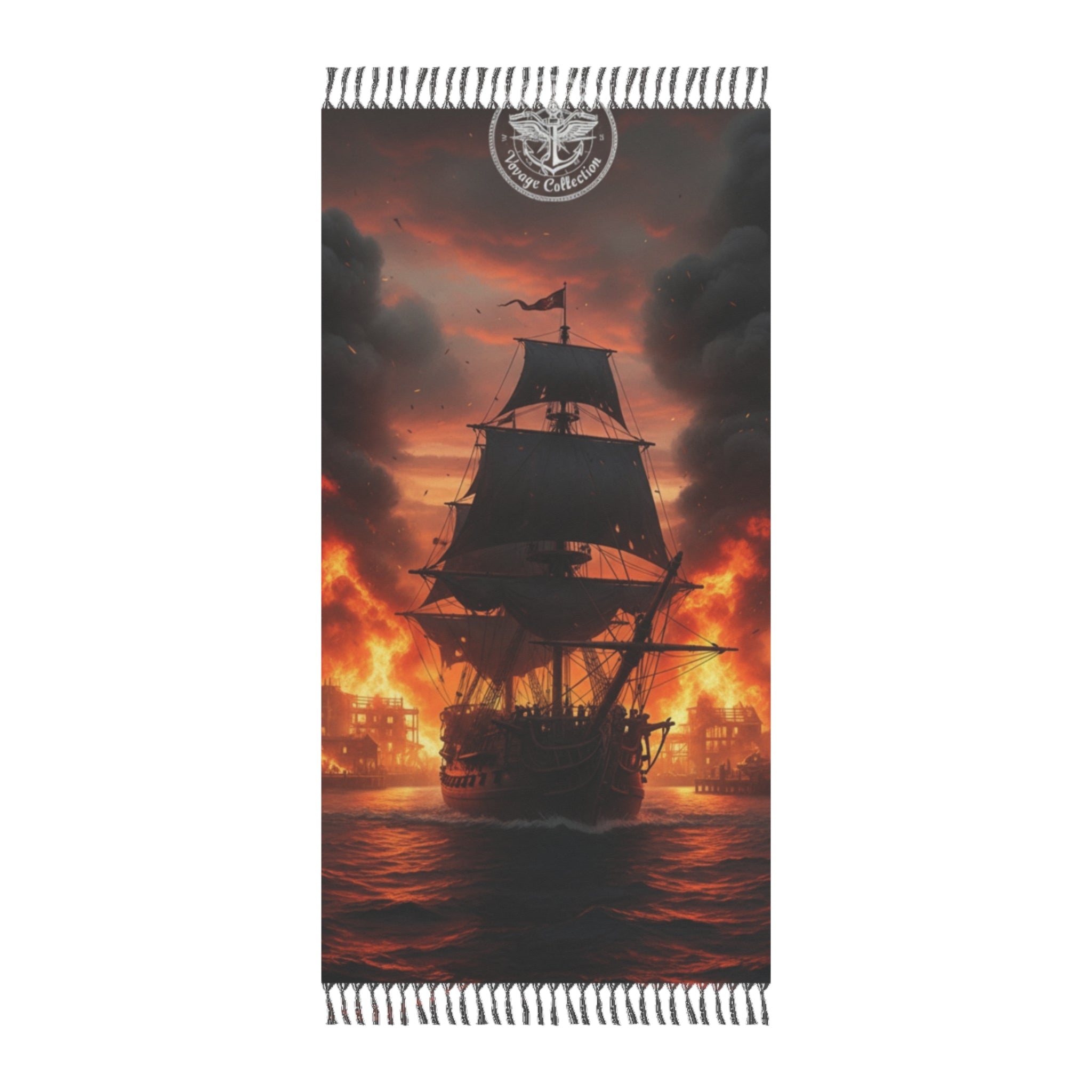 Pirate Ship Beach Towel — Flaming Sunset Shipwreck Scene