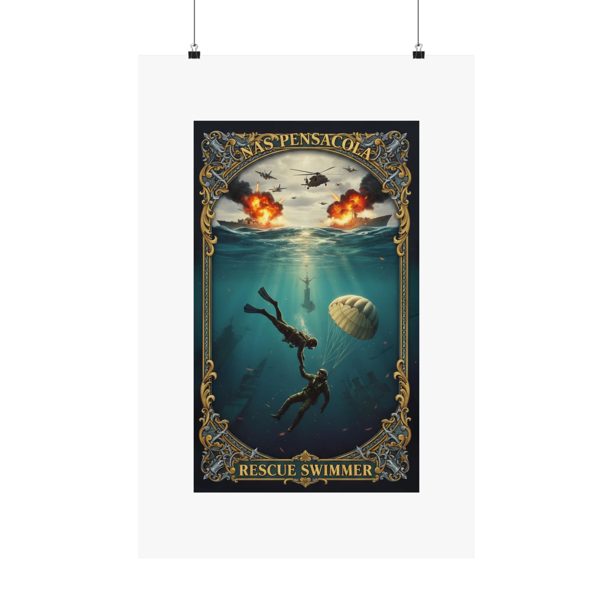 Rescue Swimmer Matte Vertical Poster — NAS Pensacola Military Aviation & Sea Rescue Art