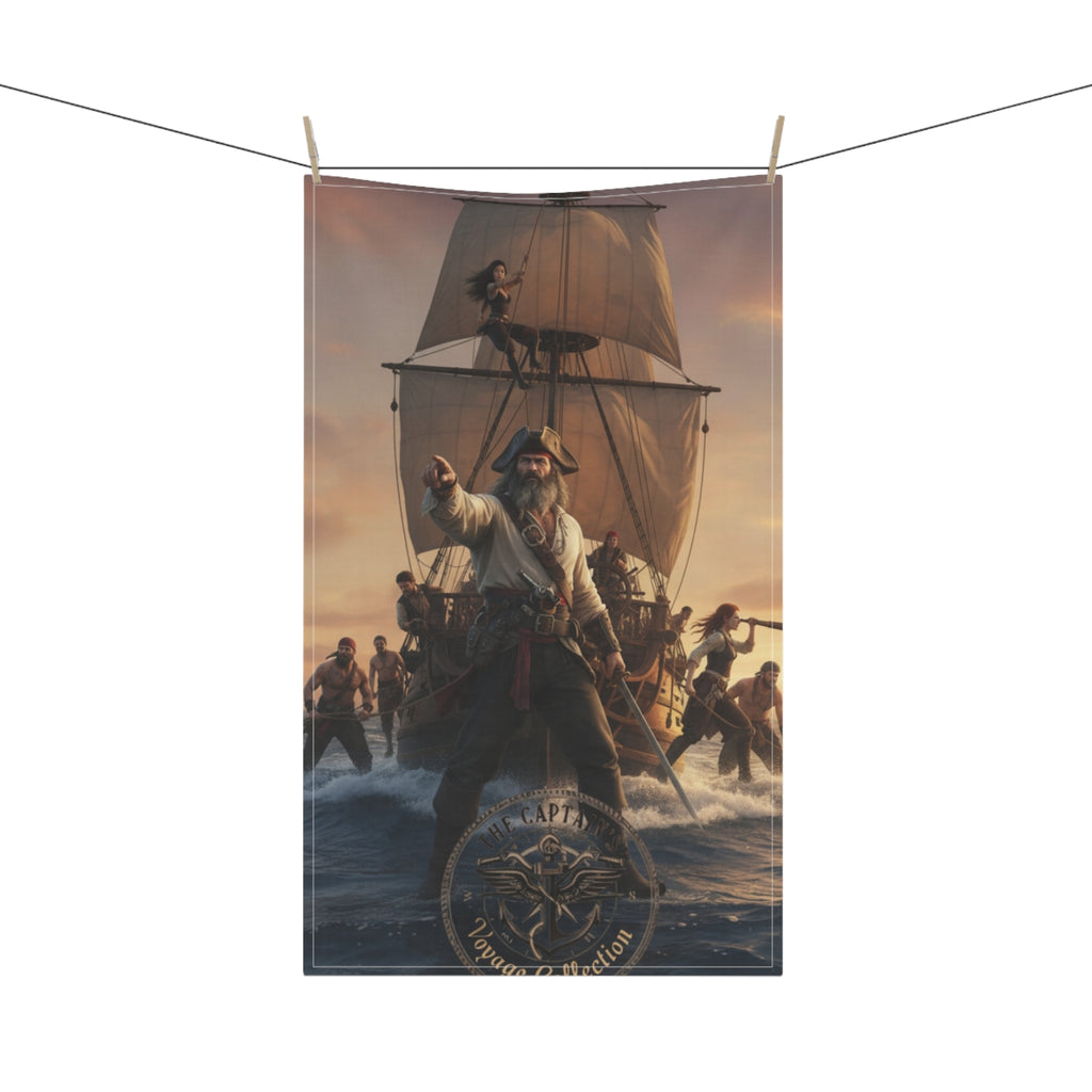 Pirate Ship Tea Towel — Vintage Maritime Captain Kitchen Towel