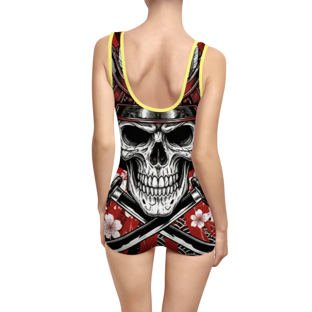 Skull Samurai One-Piece Swimsuit – Vintage Red Floral AOP