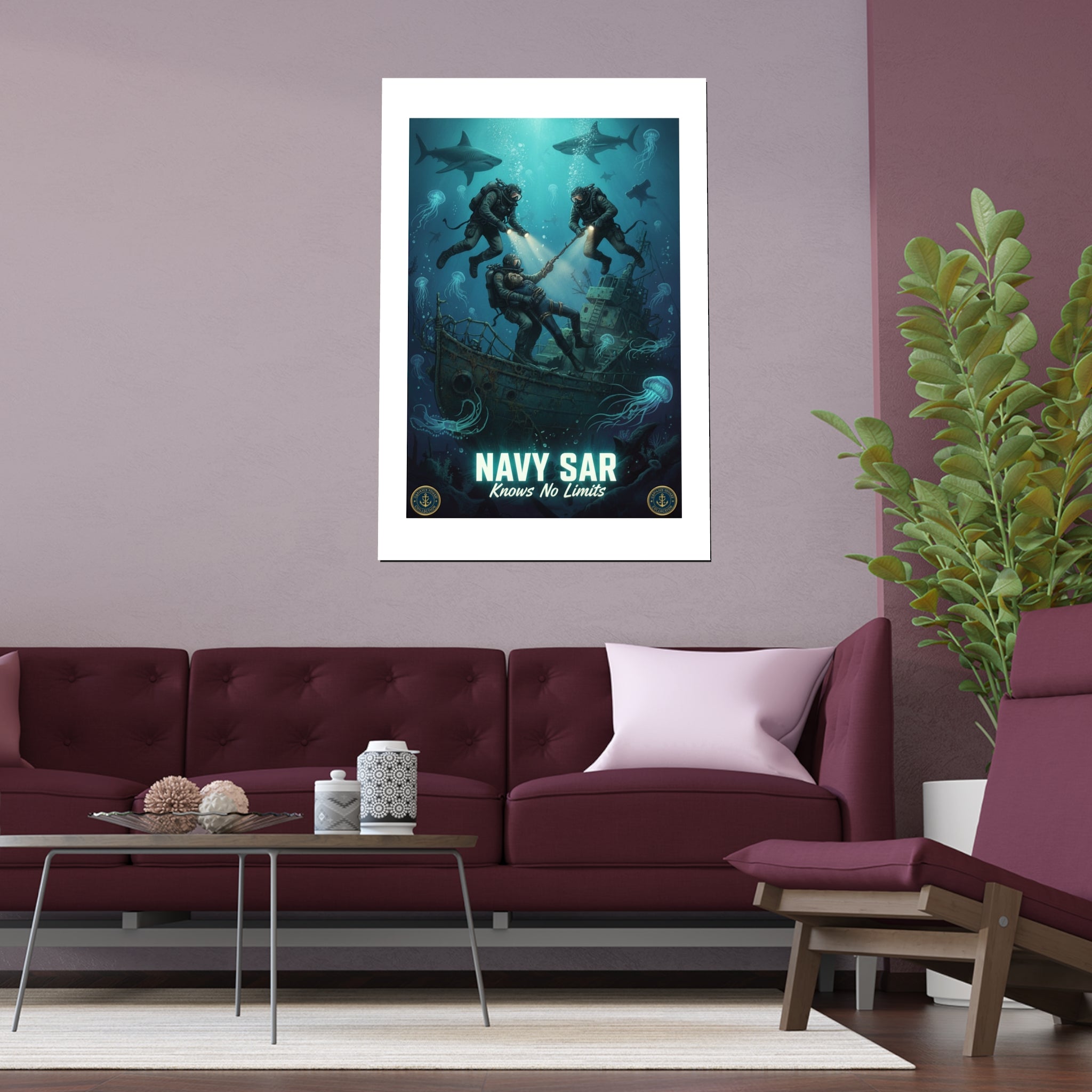 Navy SAR Silk Poster — 'Knows No Limits' Underwater Diver Rescue Art