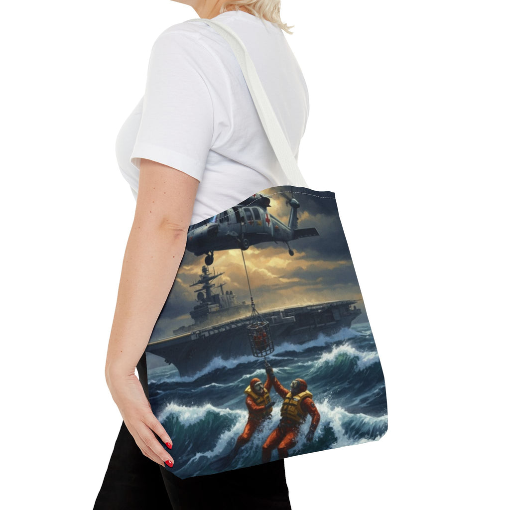 Rescue Squadron Tote Bag – Military Helicopter & Ship Search and Rescue Artwork