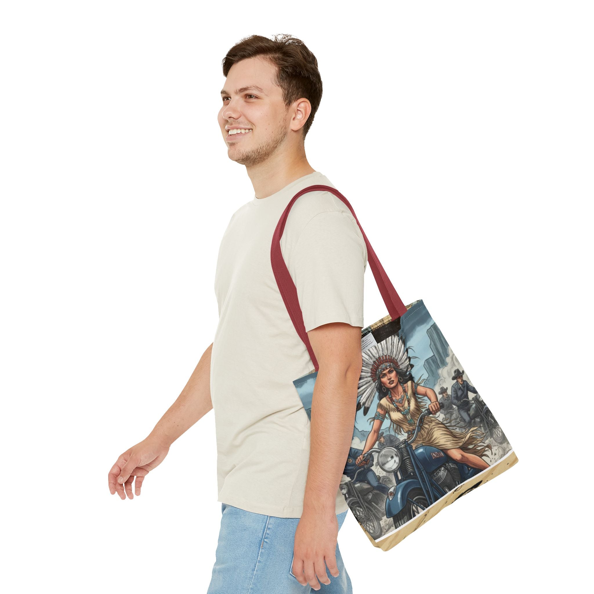 Vintage Biker Tote Bag — Motorcycle Pinup with Headdress