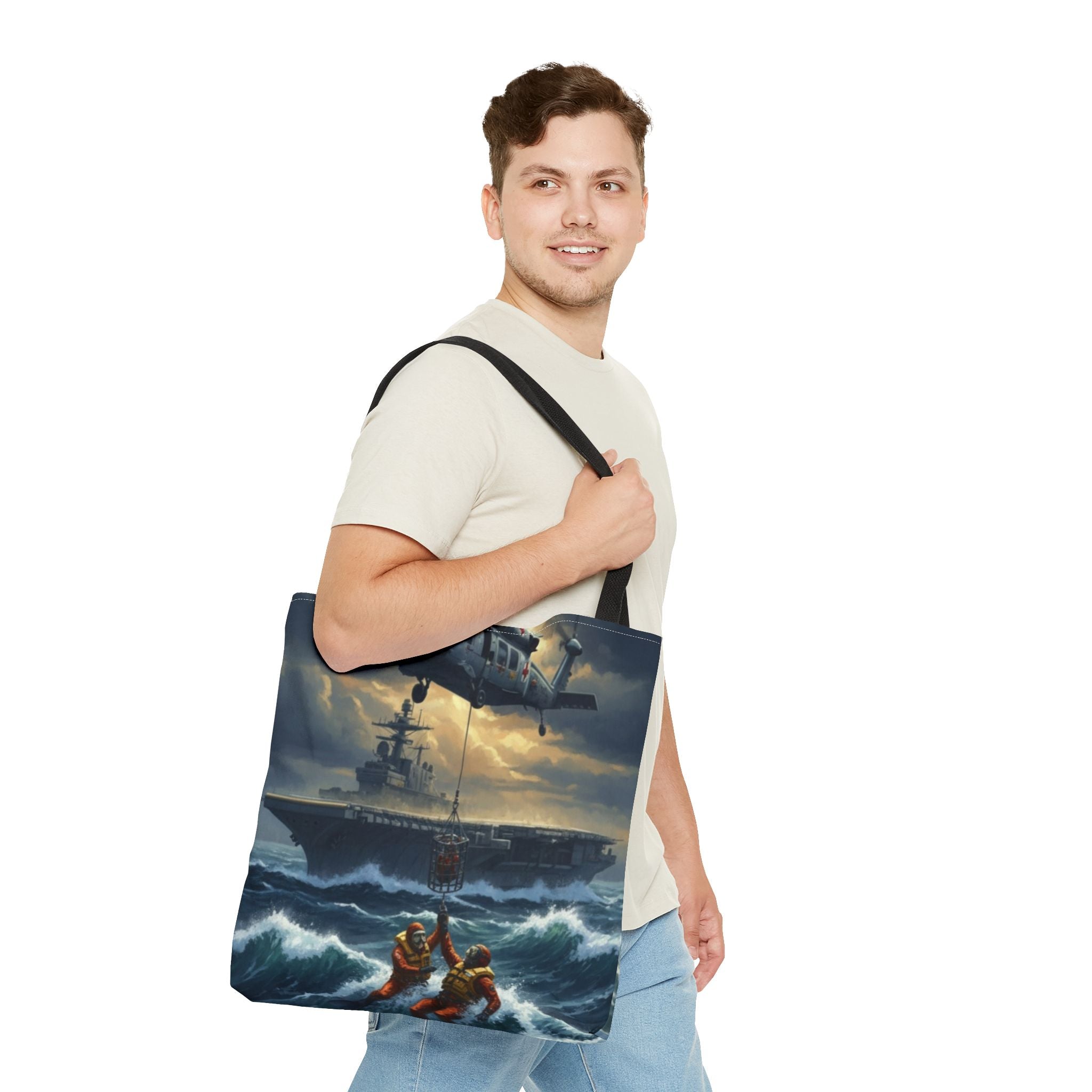 Rescue Squadron Tote Bag – Military Helicopter & Ship Search and Rescue Artwork