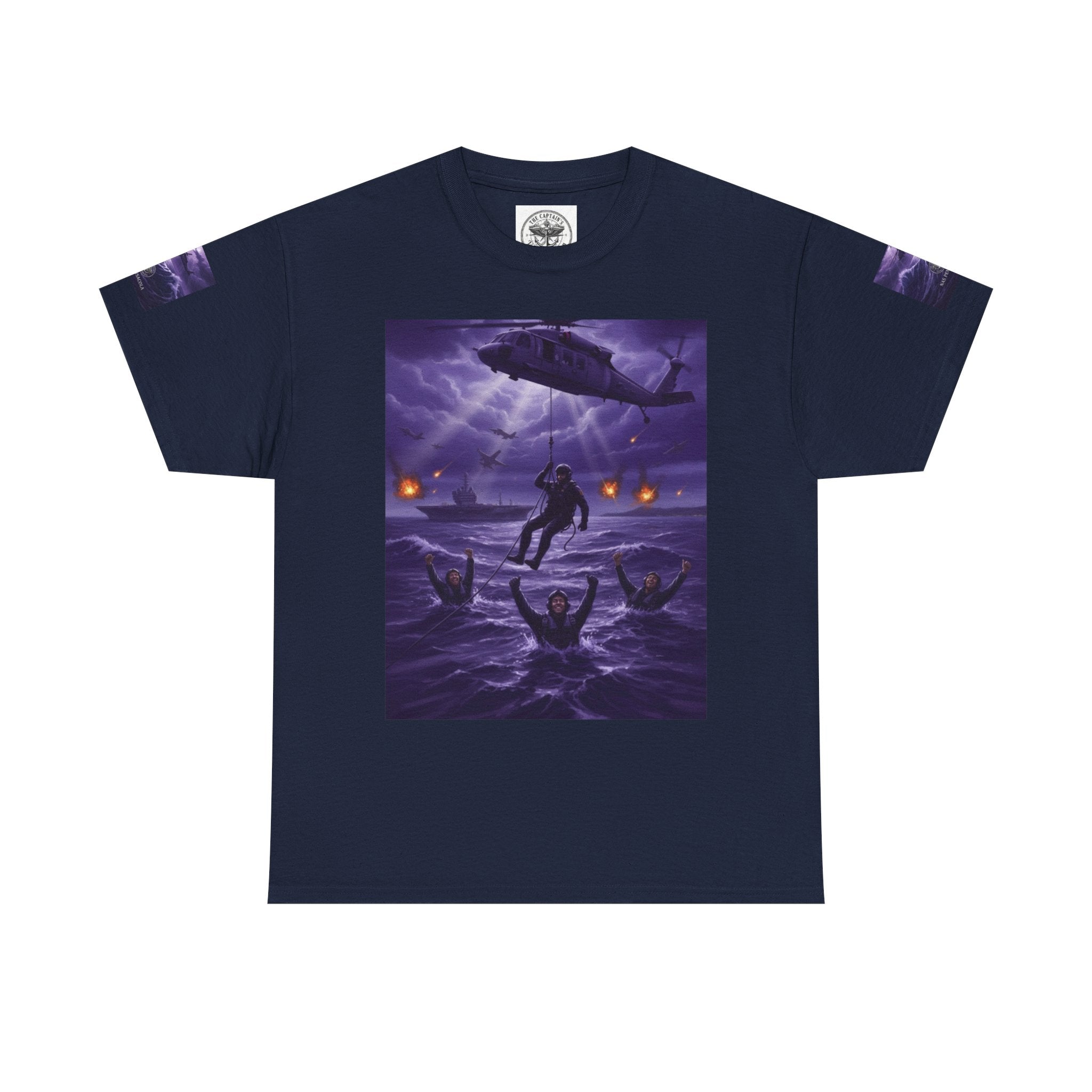 Rescue Night Tee — Purple Helicopter Sea Rescue Graphic T-Shirt