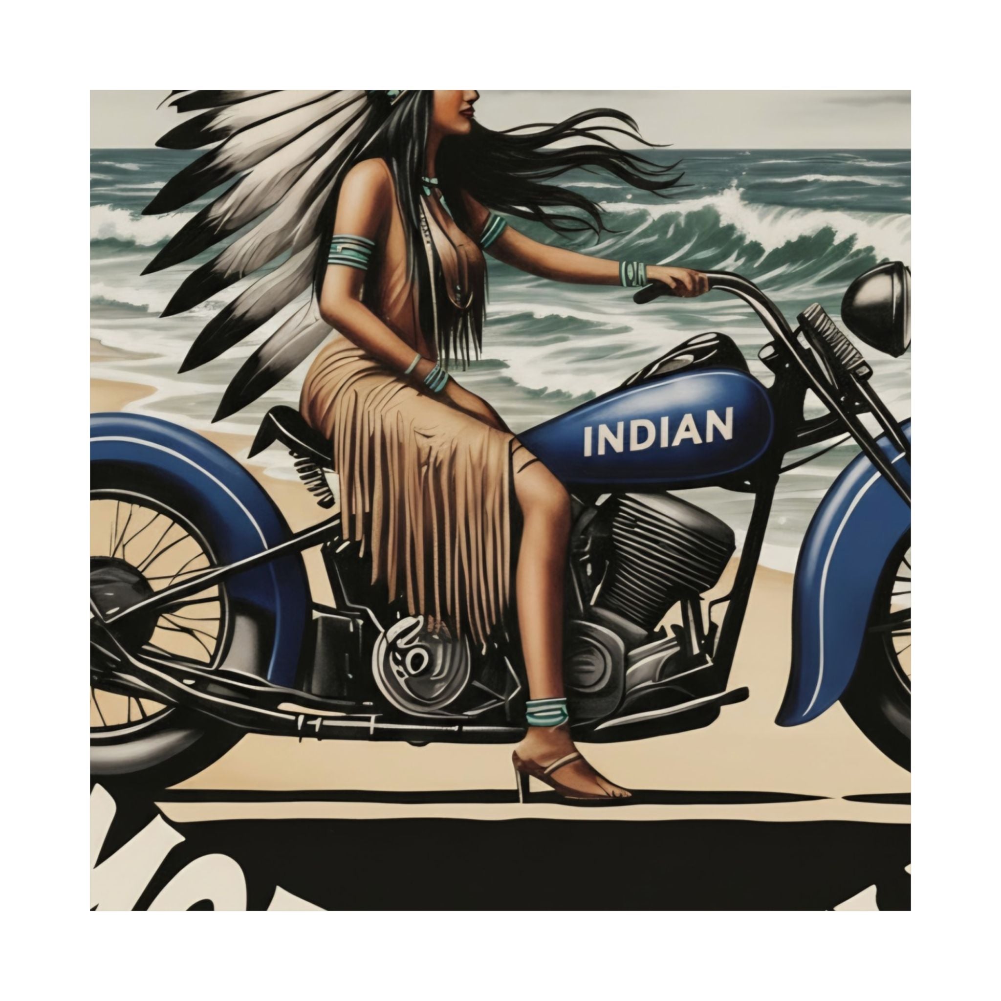 Vintage Motorcycle Poster — Native American Woman on Bike Matte Vertical Print