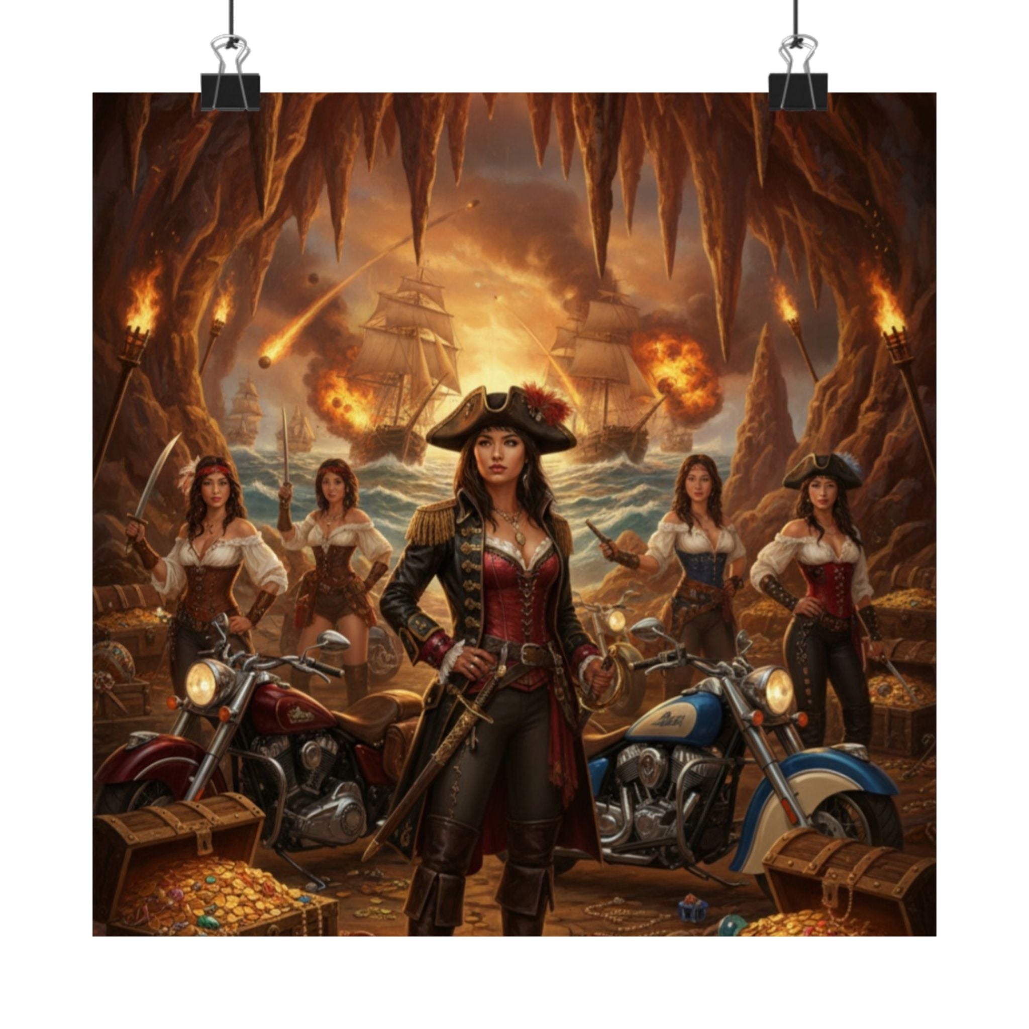 Pirate Queen Matte Poster — Fantasy Biker Treasure Cave Wall Art