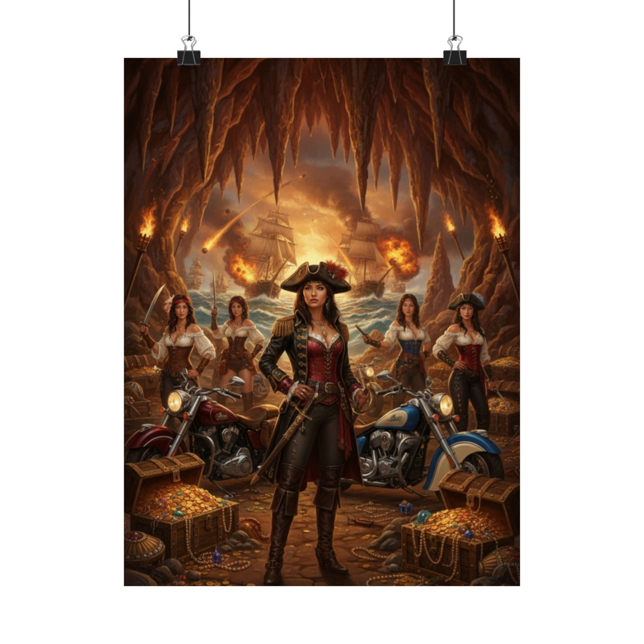 Pirate Queen Matte Poster — Fantasy Biker Treasure Cave Wall Art