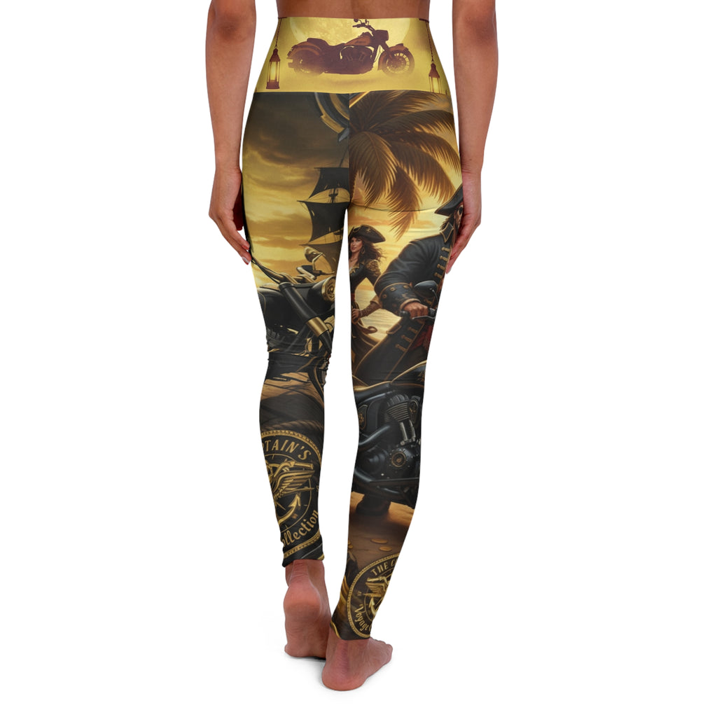 High-Waisted Yoga Leggings — Vintage Pirate & Motorcycle Sunset Print