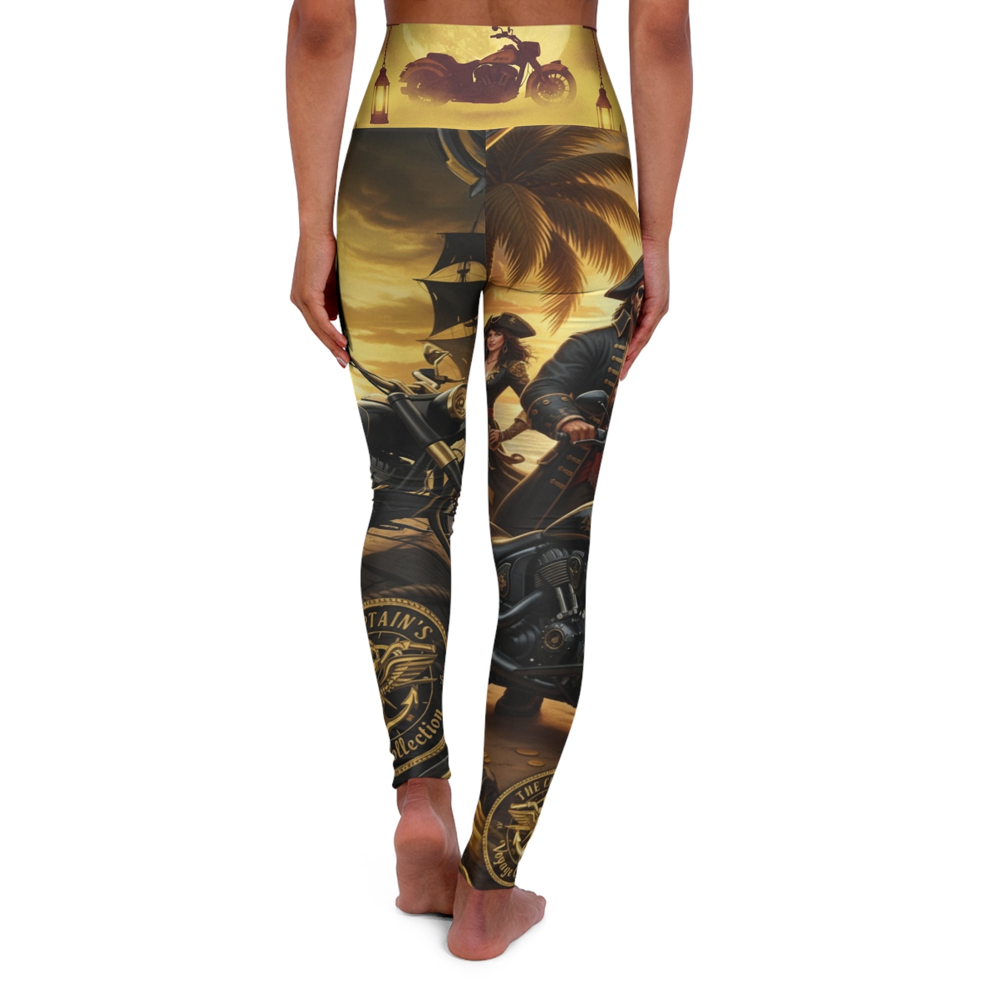 High-Waisted Yoga Leggings — Vintage Pirate & Motorcycle Sunset Print