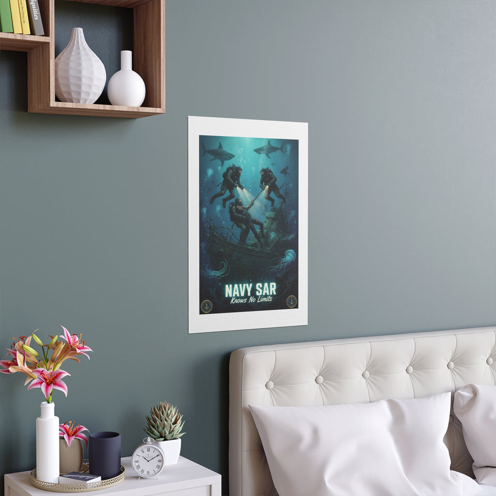 Navy SAR Silk Poster — 'Knows No Limits' Underwater Diver Rescue Art
