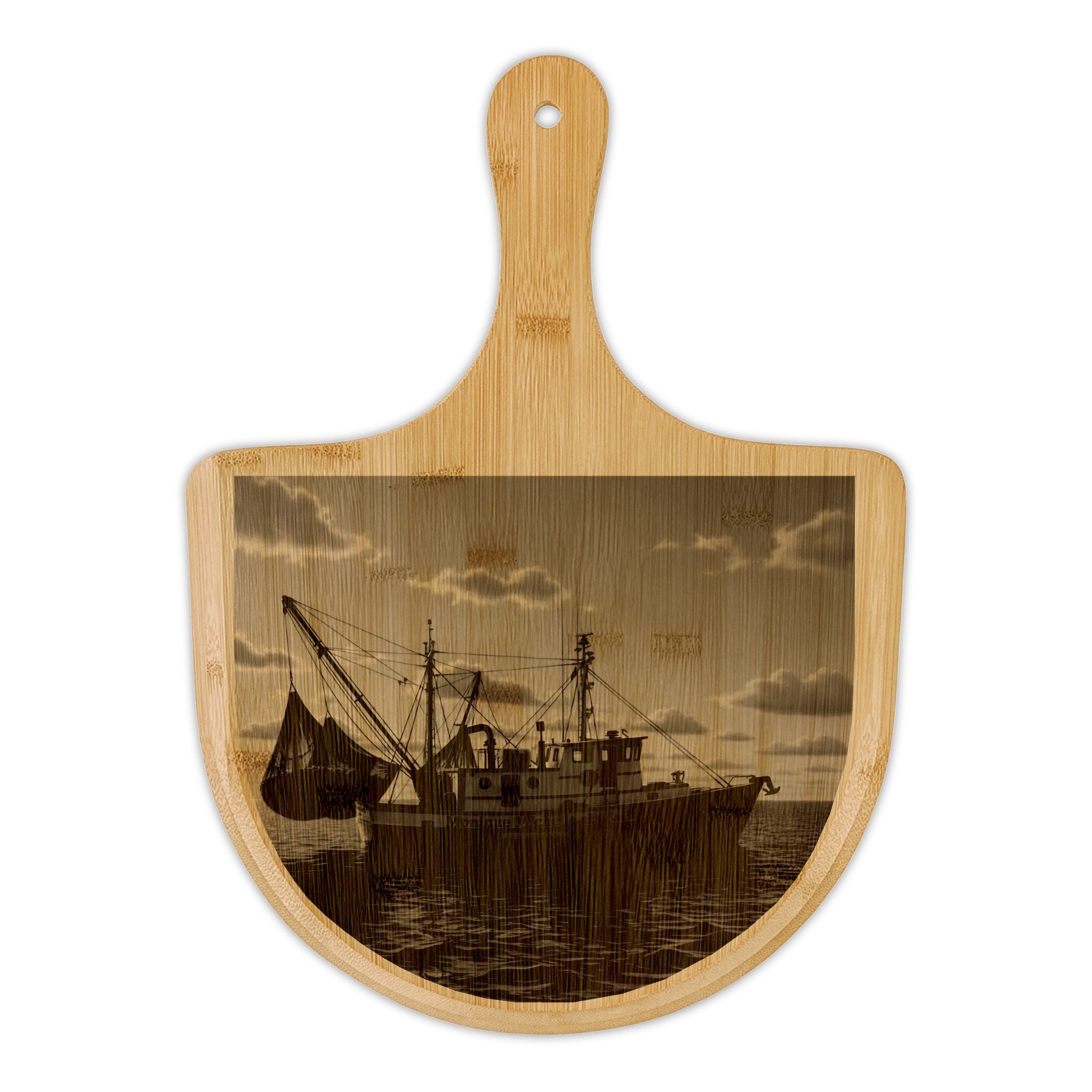 Engraved Bamboo Pizza Peel — Nautical Fishing Boat Photo