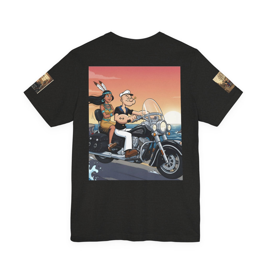 Popeye & Olive Adventure Tee — Vintage Motorcycle Campfire Graphic T-Shirt