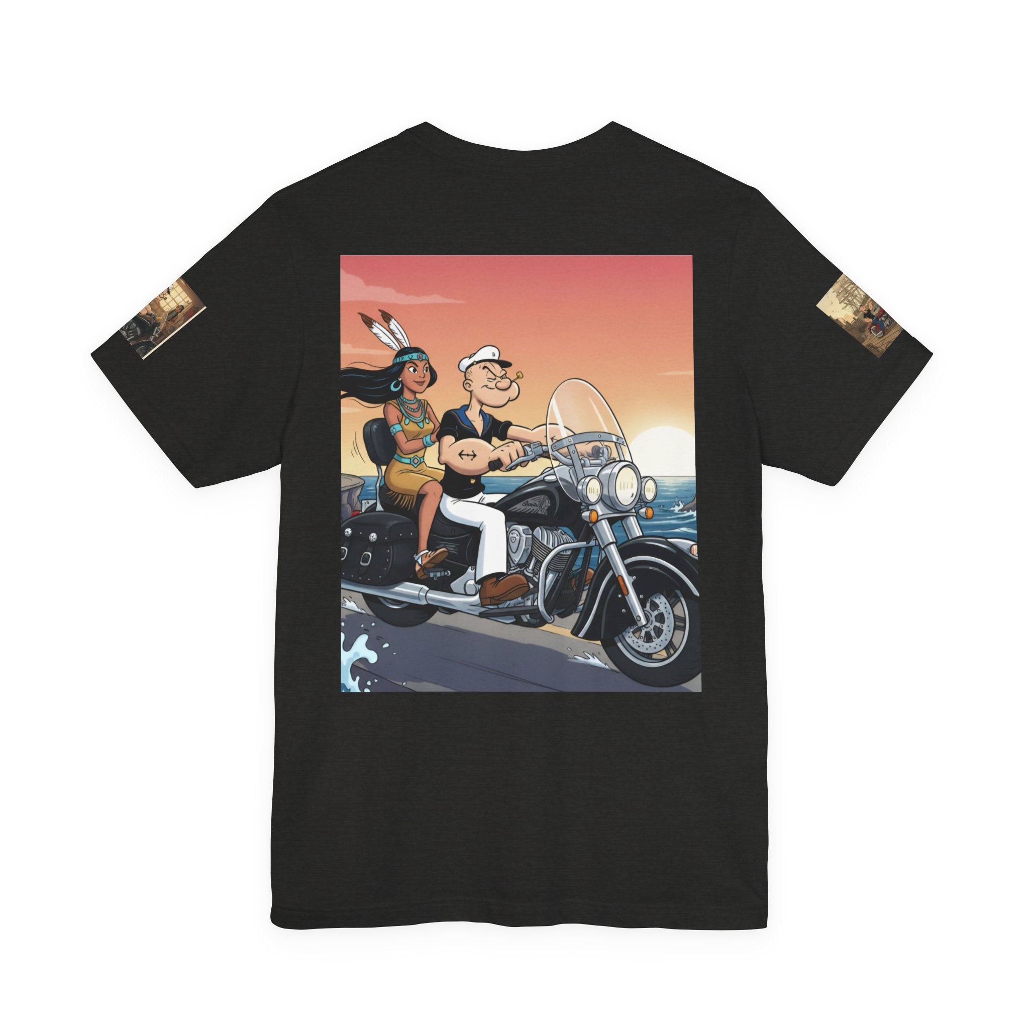 Popeye & Olive Adventure Tee — Vintage Motorcycle Campfire Graphic T-Shirt