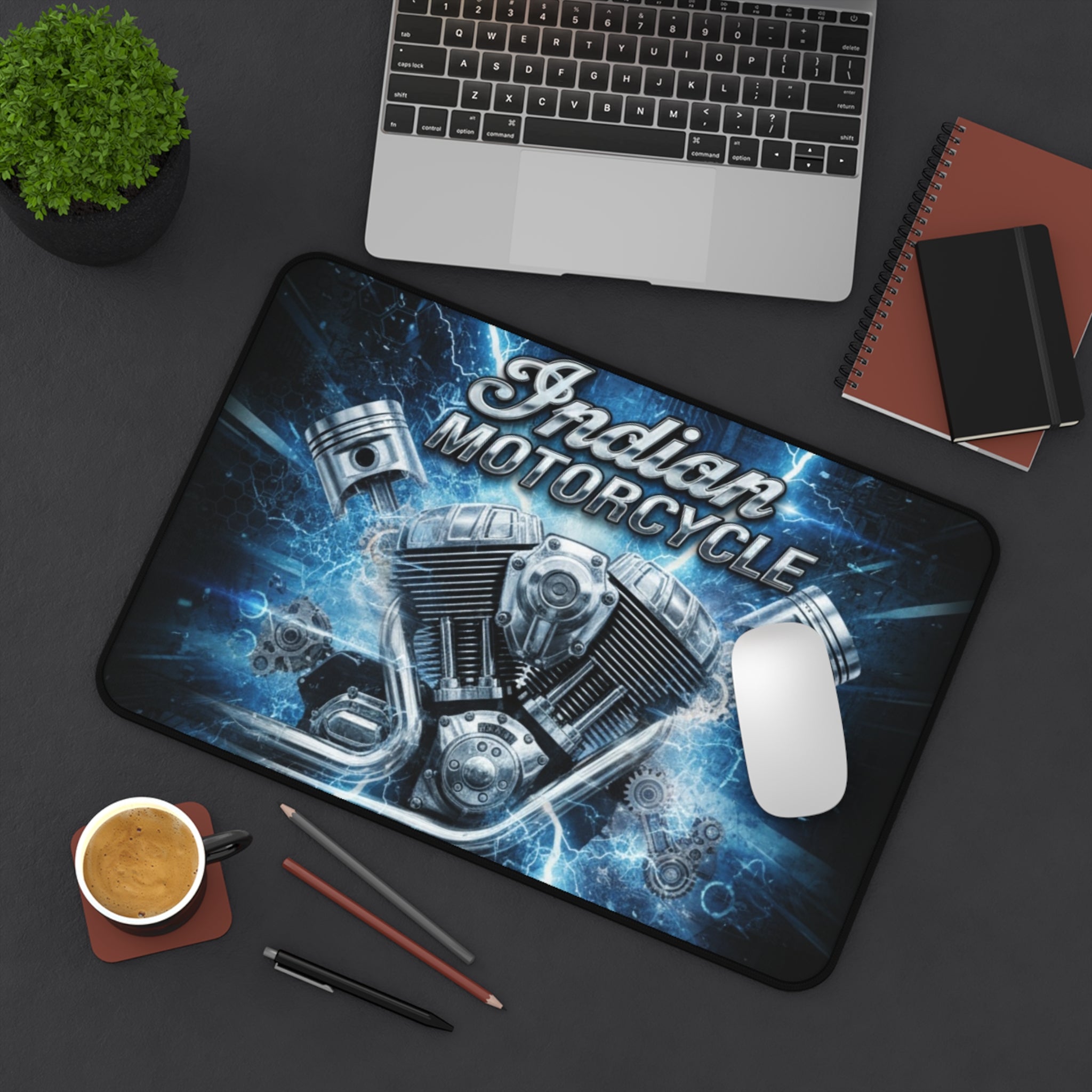 Indian Motorcycle Engine Desk Mat — Blue V-Twin Motor Graphic Mouse Pad