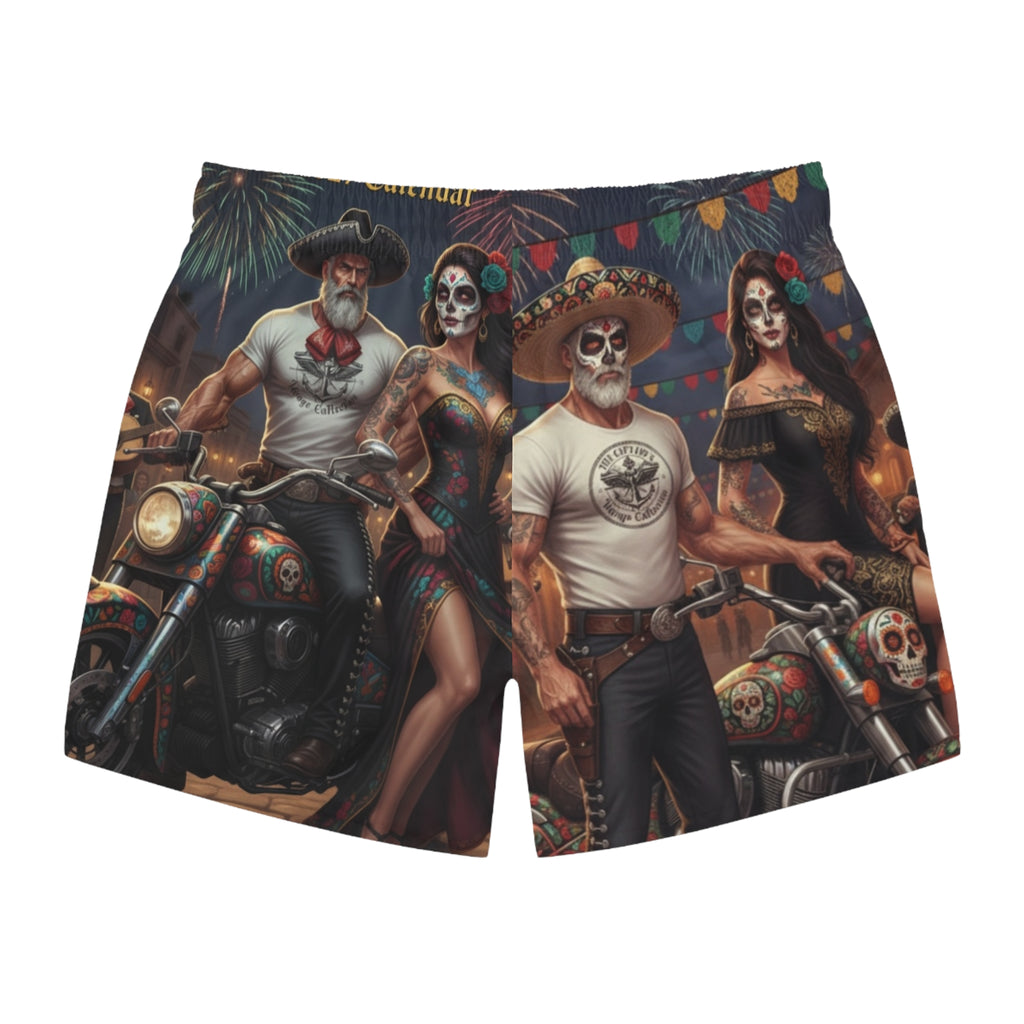 Day of the Dead Motorcycle Swim Trunks — Sugar Skull Biker All-Over Print