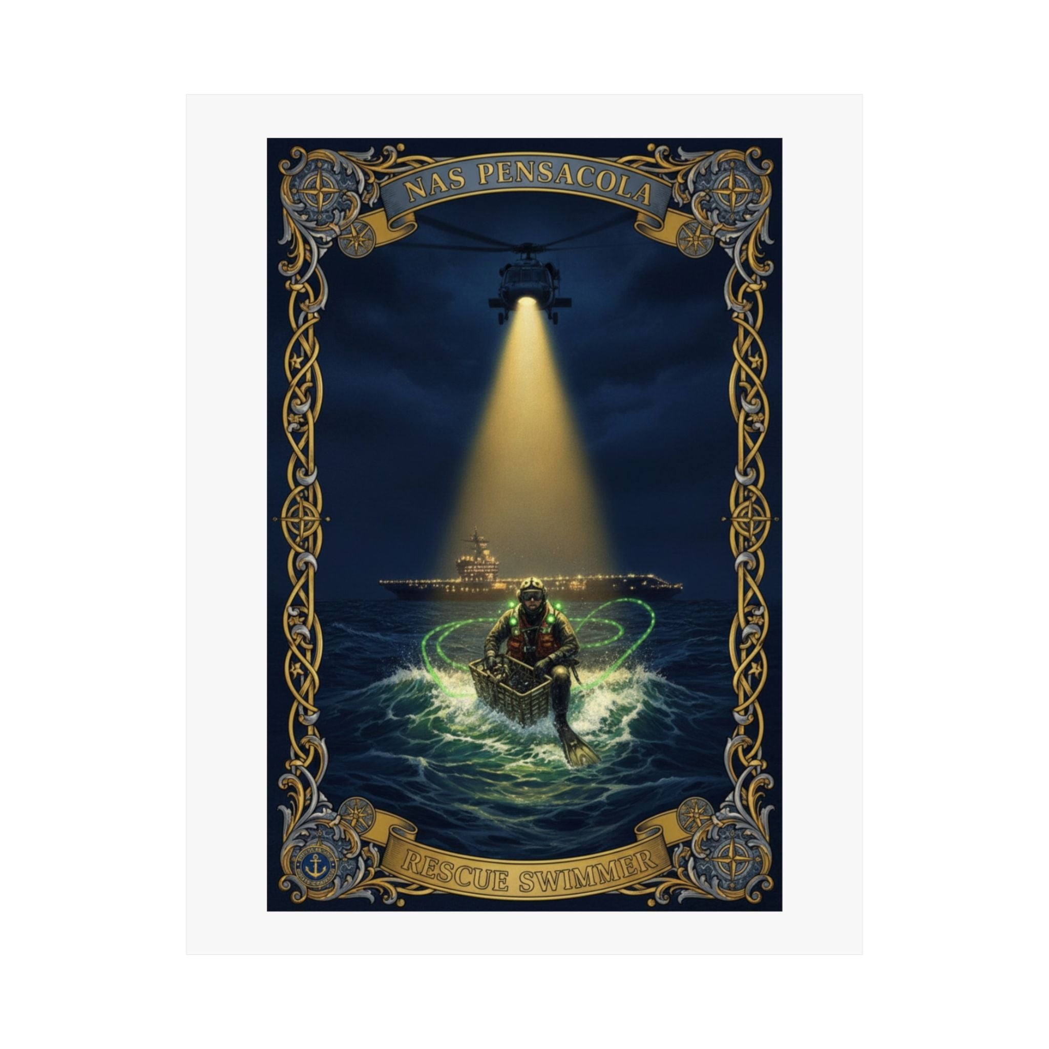 Nautical Rescue Matte Poster — Lighthouse Search & Shipwreck Scene