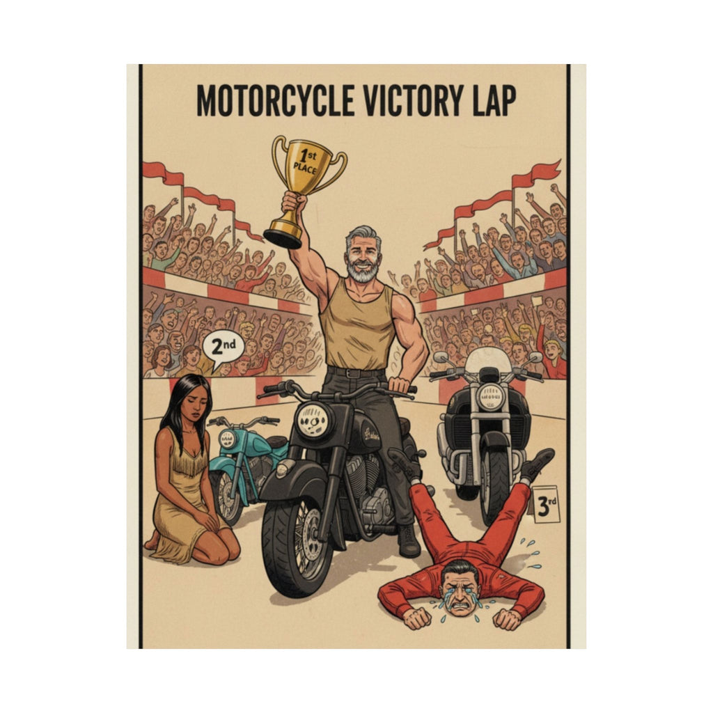 Motorcycle Victory Lap Poster — Retro Biker Triumph Matte Vertical Art