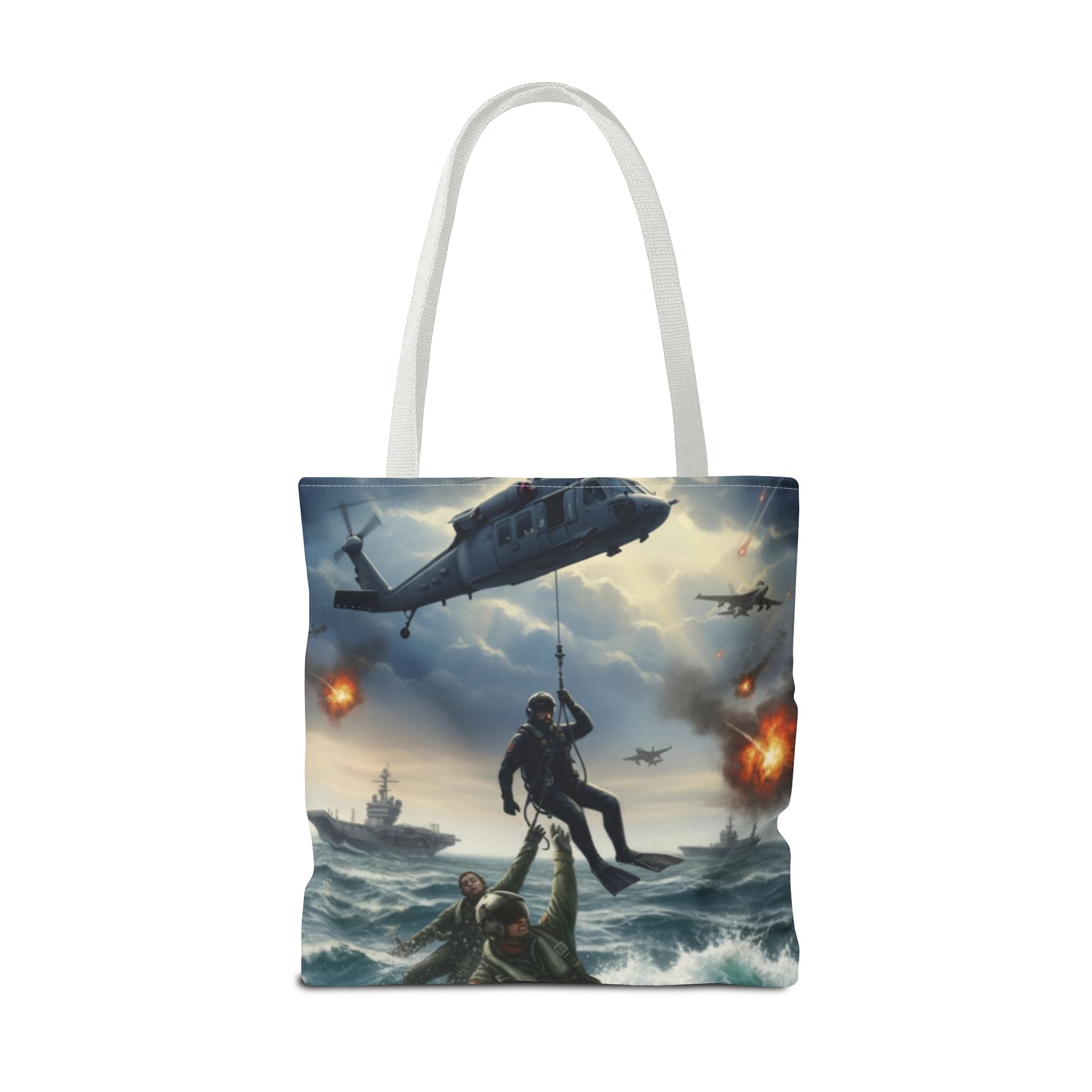 Rescue Squadron Tote Bag – Military Helicopter & Ship Search and Rescue Artwork