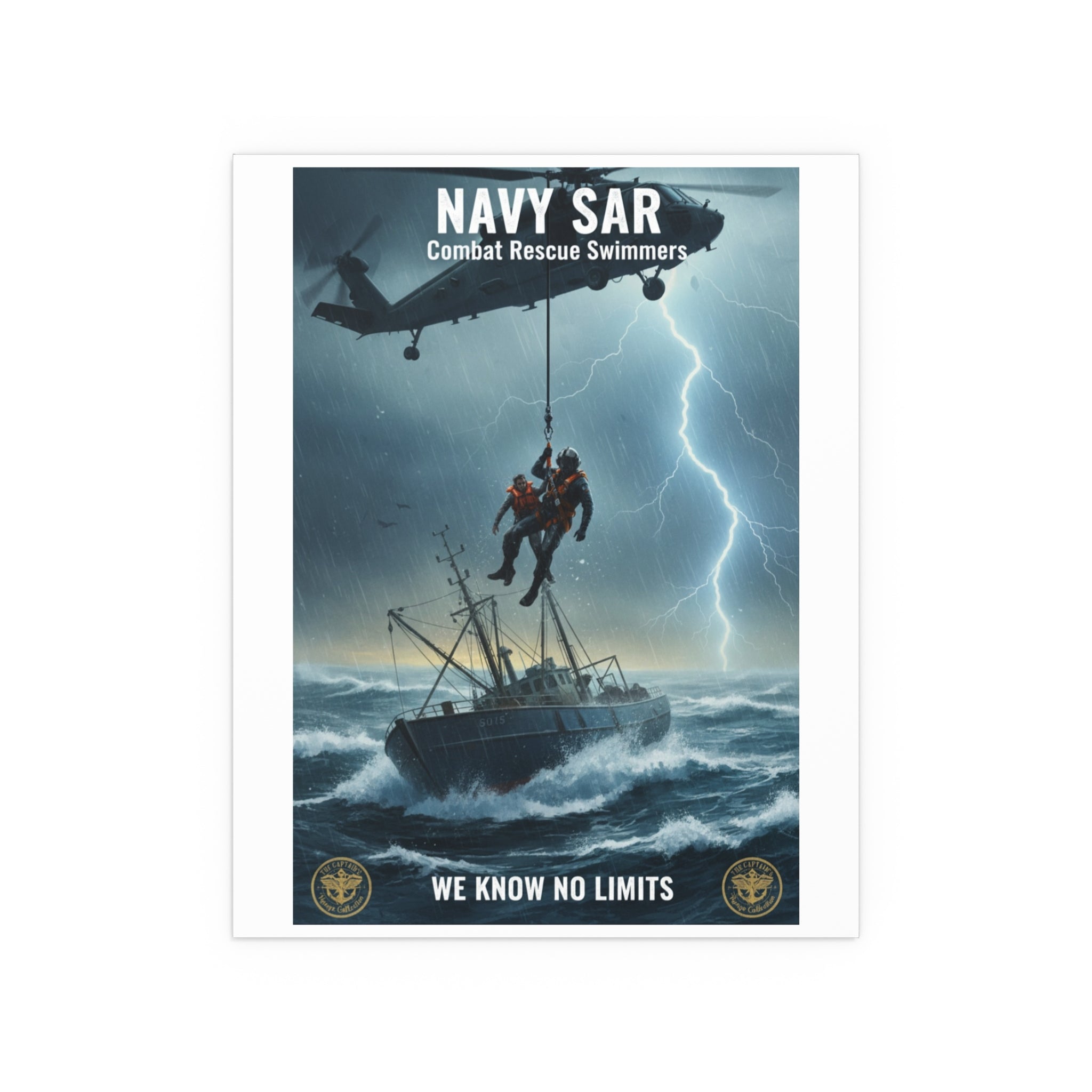 Rescue at Sea Silk Poster — Storm Helicopter Lifesaver Wall Art (Indoor/Outdoor)