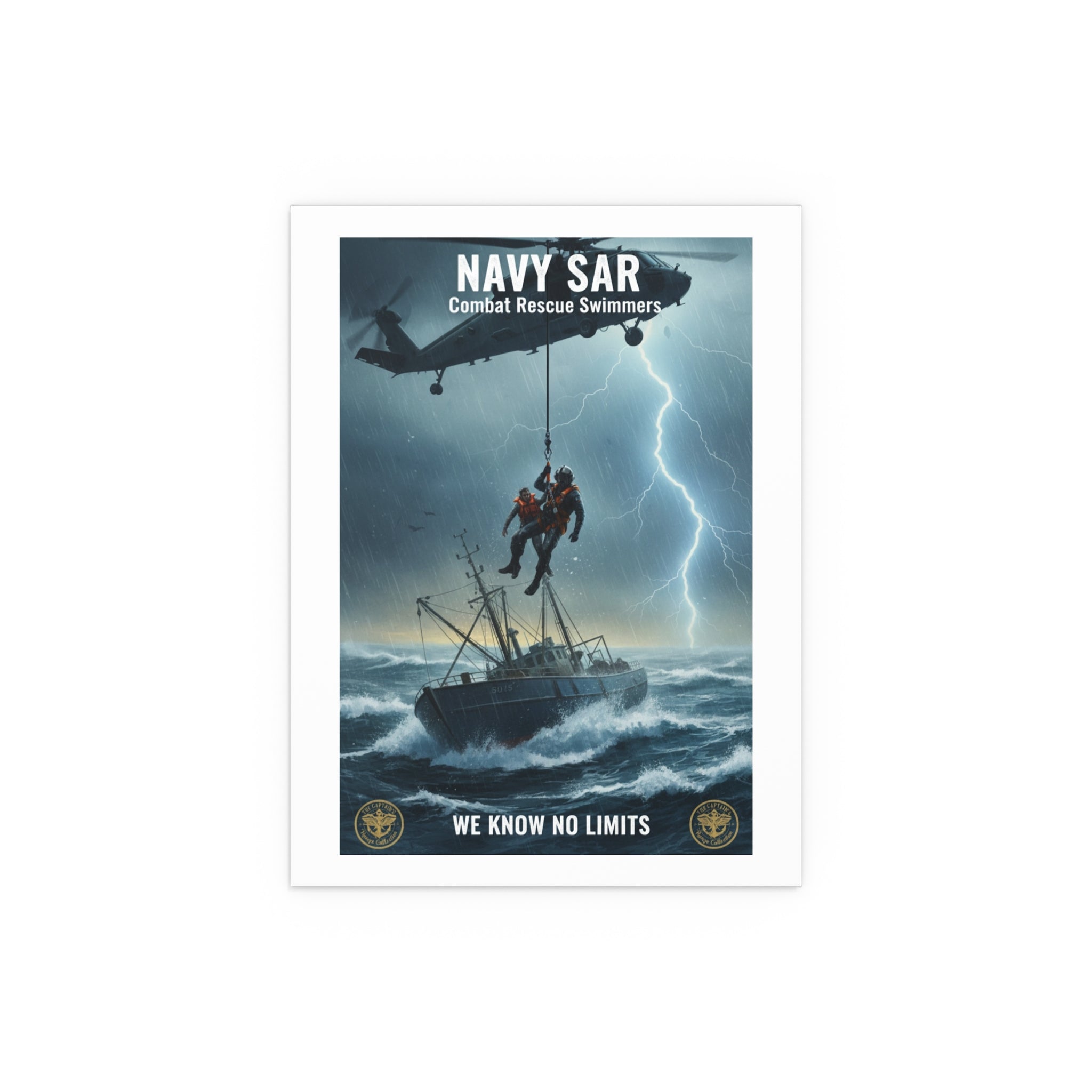 Rescue at Sea Silk Poster — Storm Helicopter Lifesaver Wall Art (Indoor/Outdoor)