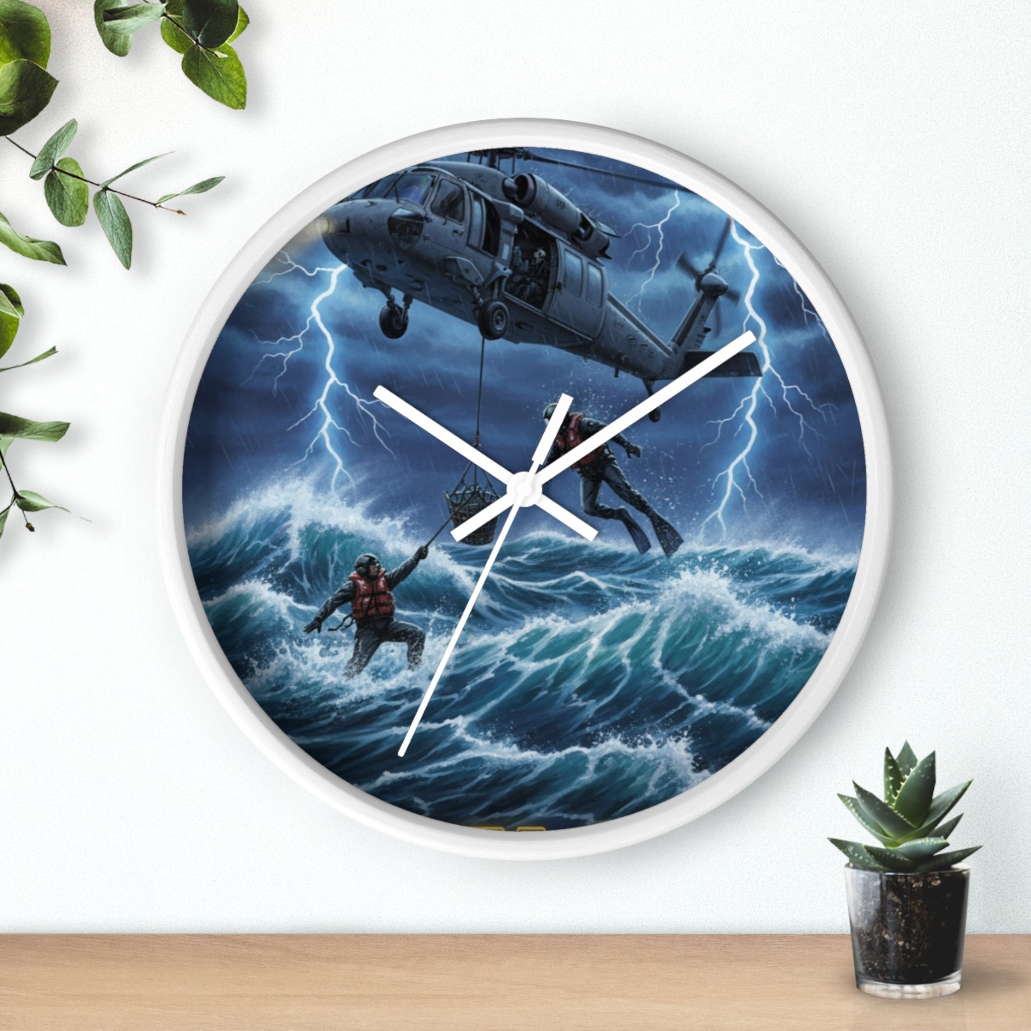 Rescue Helicopter Storm Wall Clock — Search & Rescue Ocean Scene