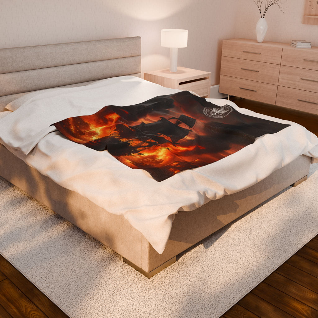 Pirate Ship on Fire Velveteen Plush Blanket — Dramatic Nautical Throw for Cozy Nights