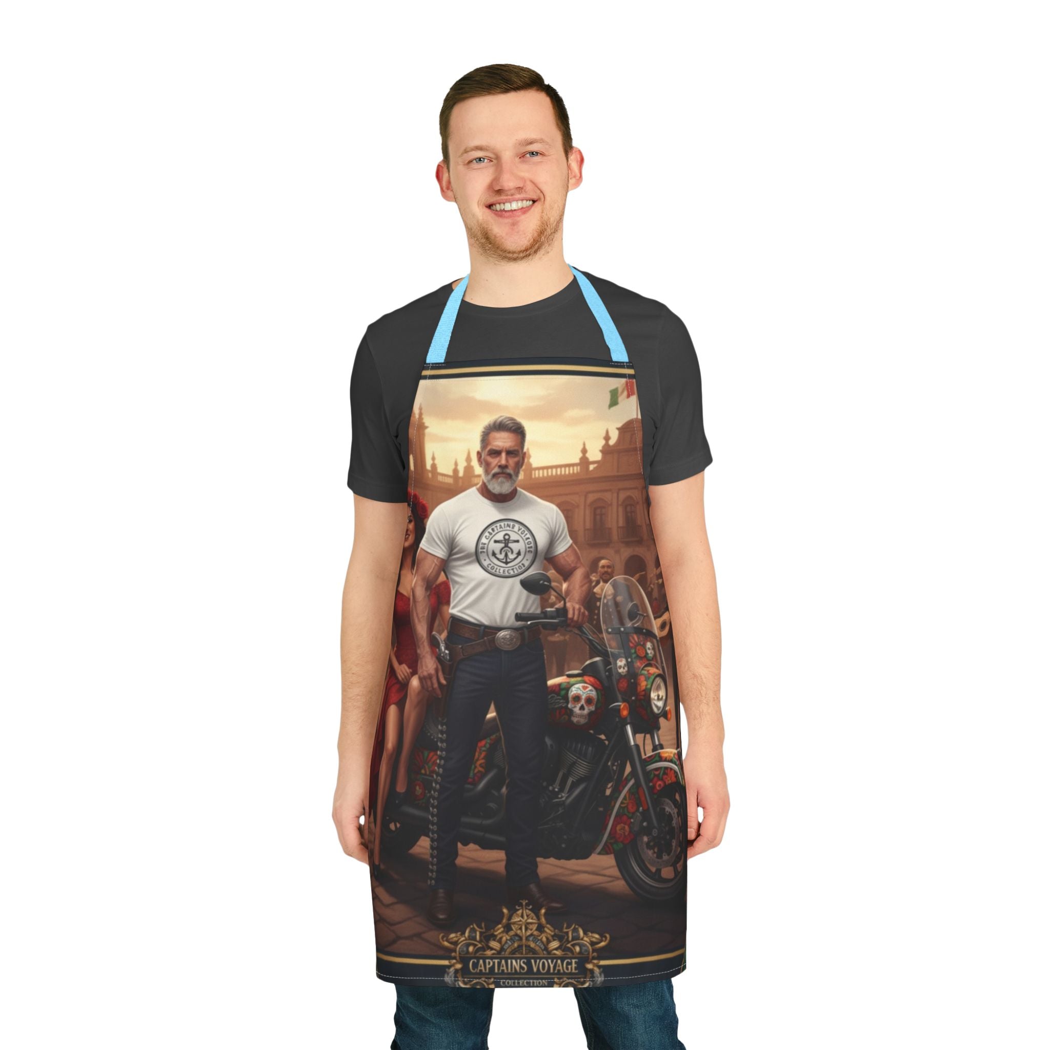 Captain’s Voyage Biker Apron — Vintage Motorcycle Chef Apron with Rider & Pin-Up Design