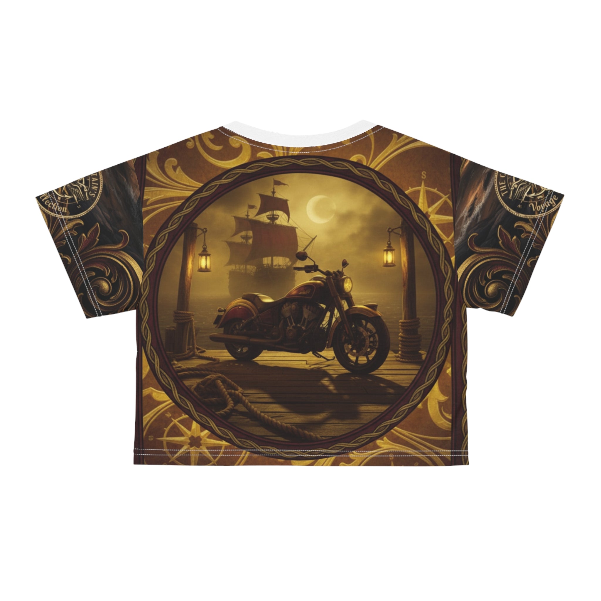 Motorcycle Pirate Ship Crop Tee — Vintage Biker Nautical Graphic Top