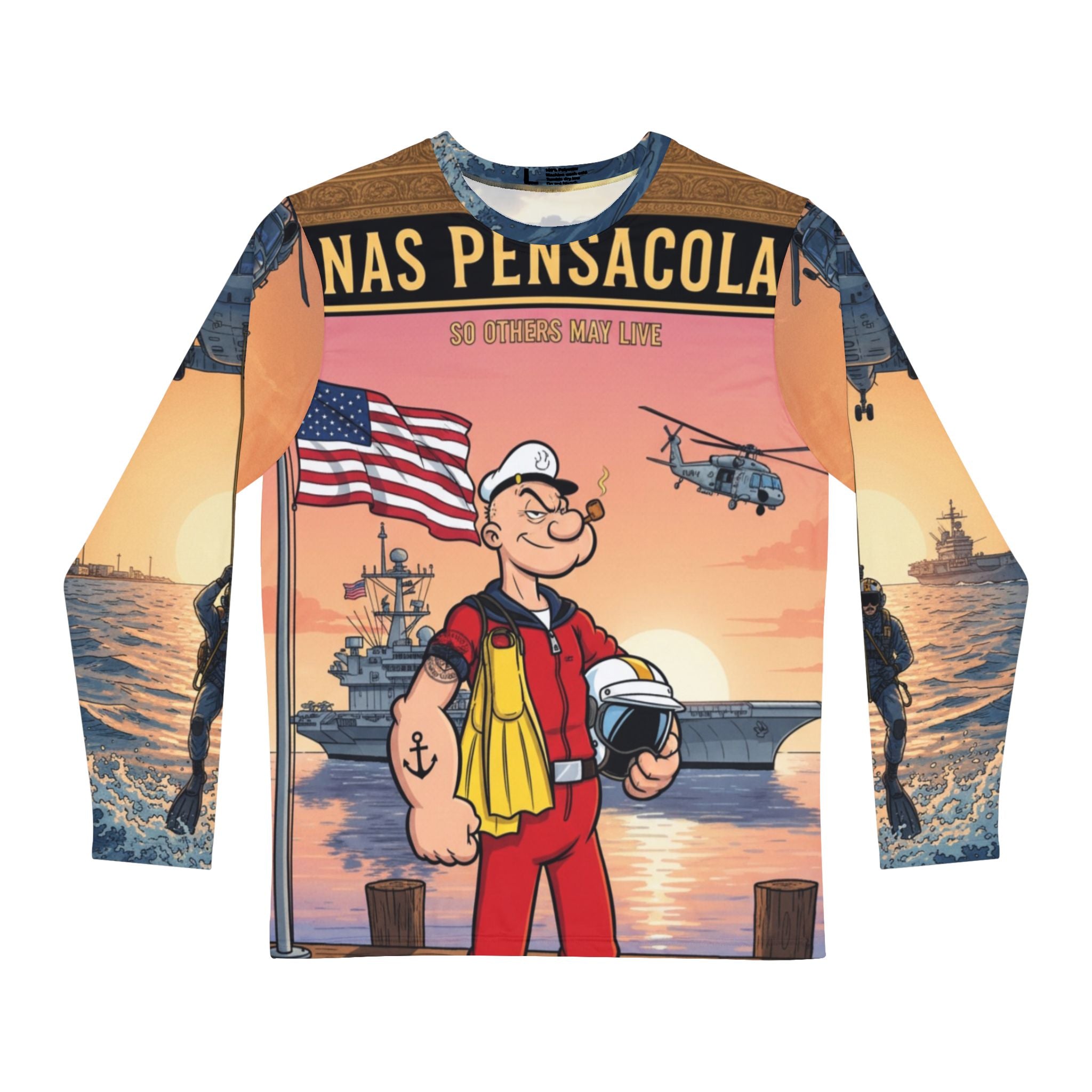 Pensacola Navy Rescue Long Sleeve Shirt — US Navy Helicopter & Sailor Graphic